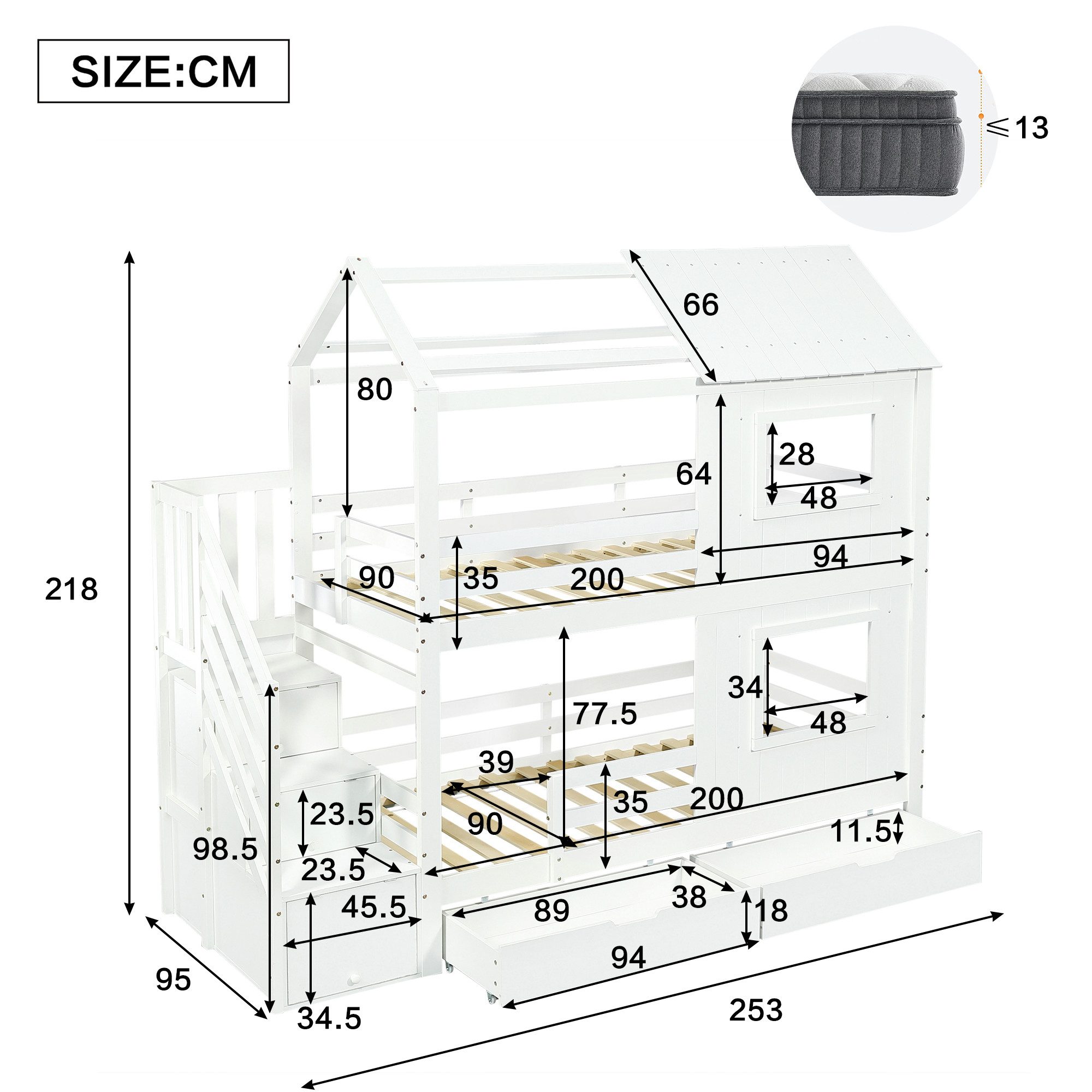 Odikalo Bunk Bed 90x200 Children's Bed with Storage & All-Around Fall Protection (Children's Bed, Staircase Wardrobe with Shelves, Storage Drawer with Wheels, Attractive Windows and Roof, Sturdy Slatted Bases, Pine + MDF + Plywood, White, 90x200cm)