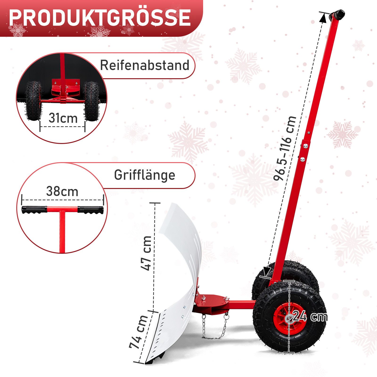 LALAHO Schneeschieber Schneeschaufel mit Rädern & Stiel – Stahlschaufel, 74,00 cm Arbeitsbreite, mit 116,00 cm langem Stiel, verstellbare Schubstange, ergonomis – Bild 2 von 5