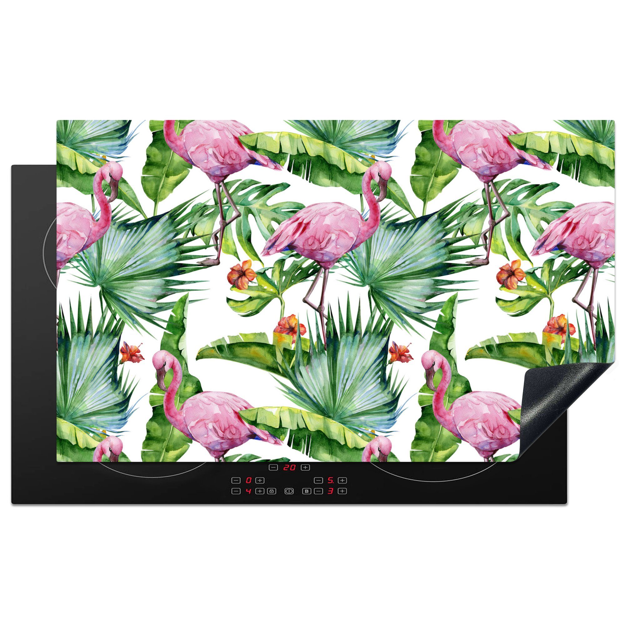 Herdblende-/Abdeckplatte küche Blätter Arbeitsplatte für Tropisch, Dschungel Ceranfeldabdeckung, 83x51 cm, - Flamingo tlg), - MuchoWow - - (1 Vinyl, Blumen