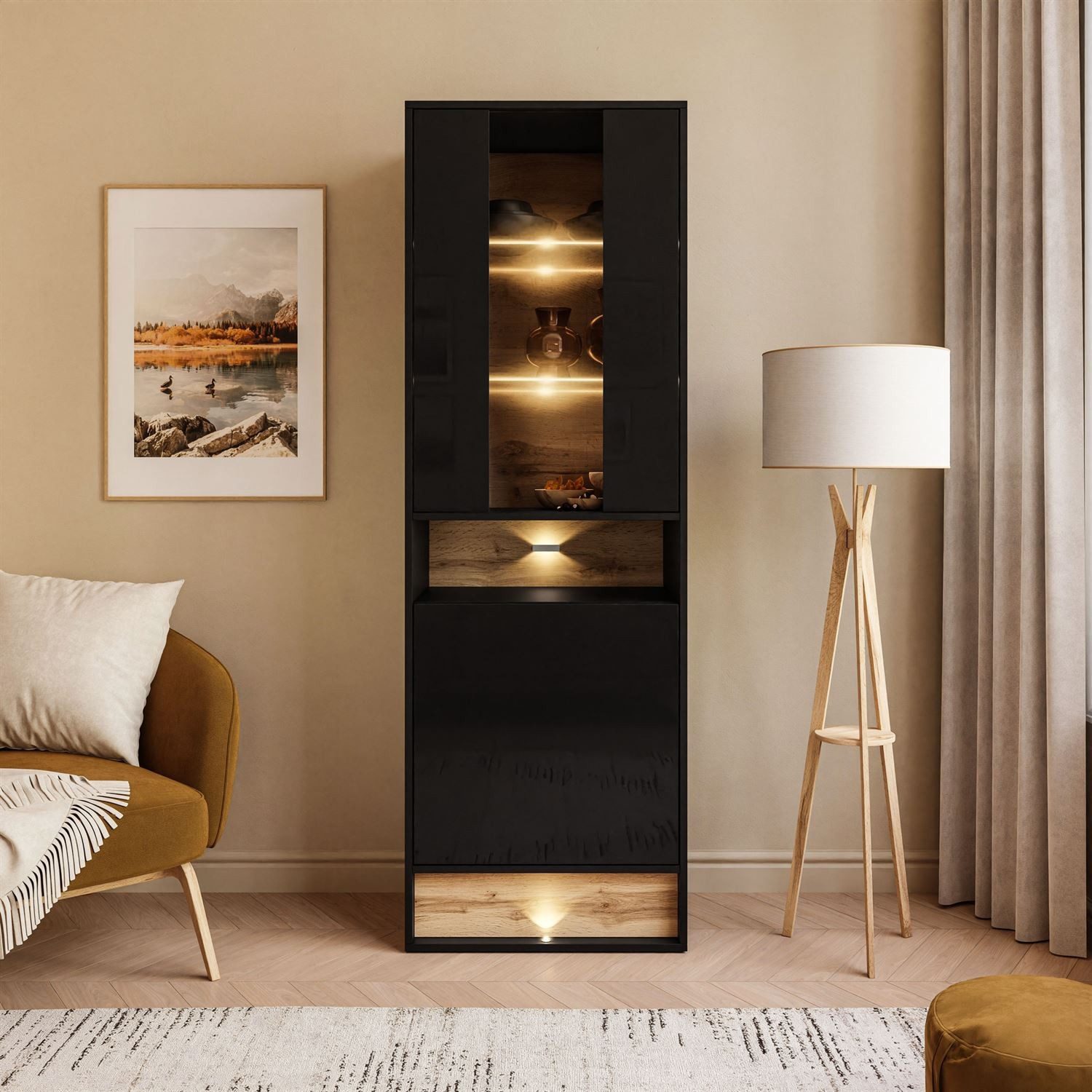 ALLHOUSE24 Standvitrine MILA 60 cm mit Einsatz aus Wotan Eiche mit LED Beleuchtung VITRINE Breite 60 cm