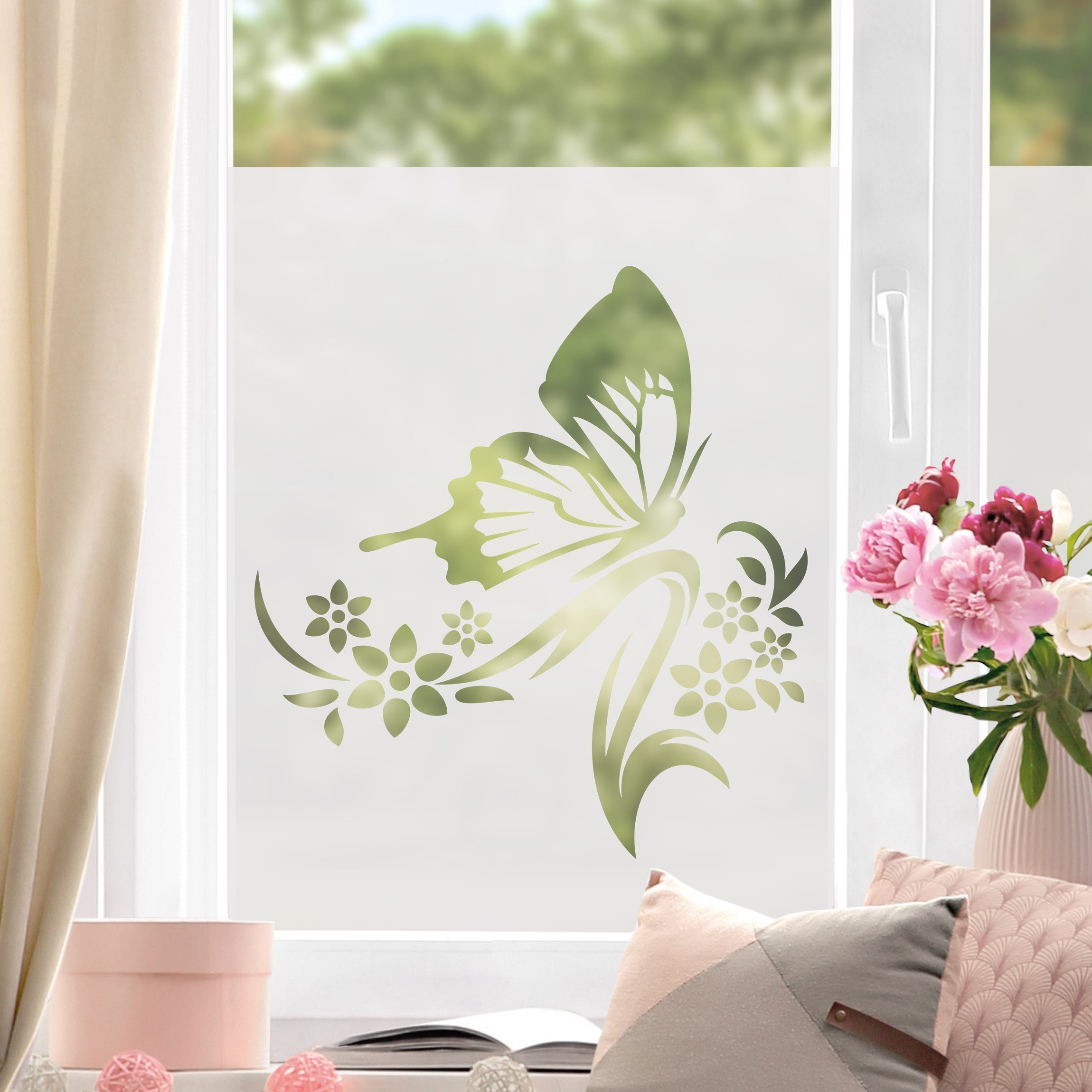 Fensterfolie statisch haftend Motiv Fensterdeko Schmetterling II Blume, Bilderdepot24, blickdicht, Innen Fenster Tür Balkontür Küche Badezimmer Wohnzimmer Schlafzimmer