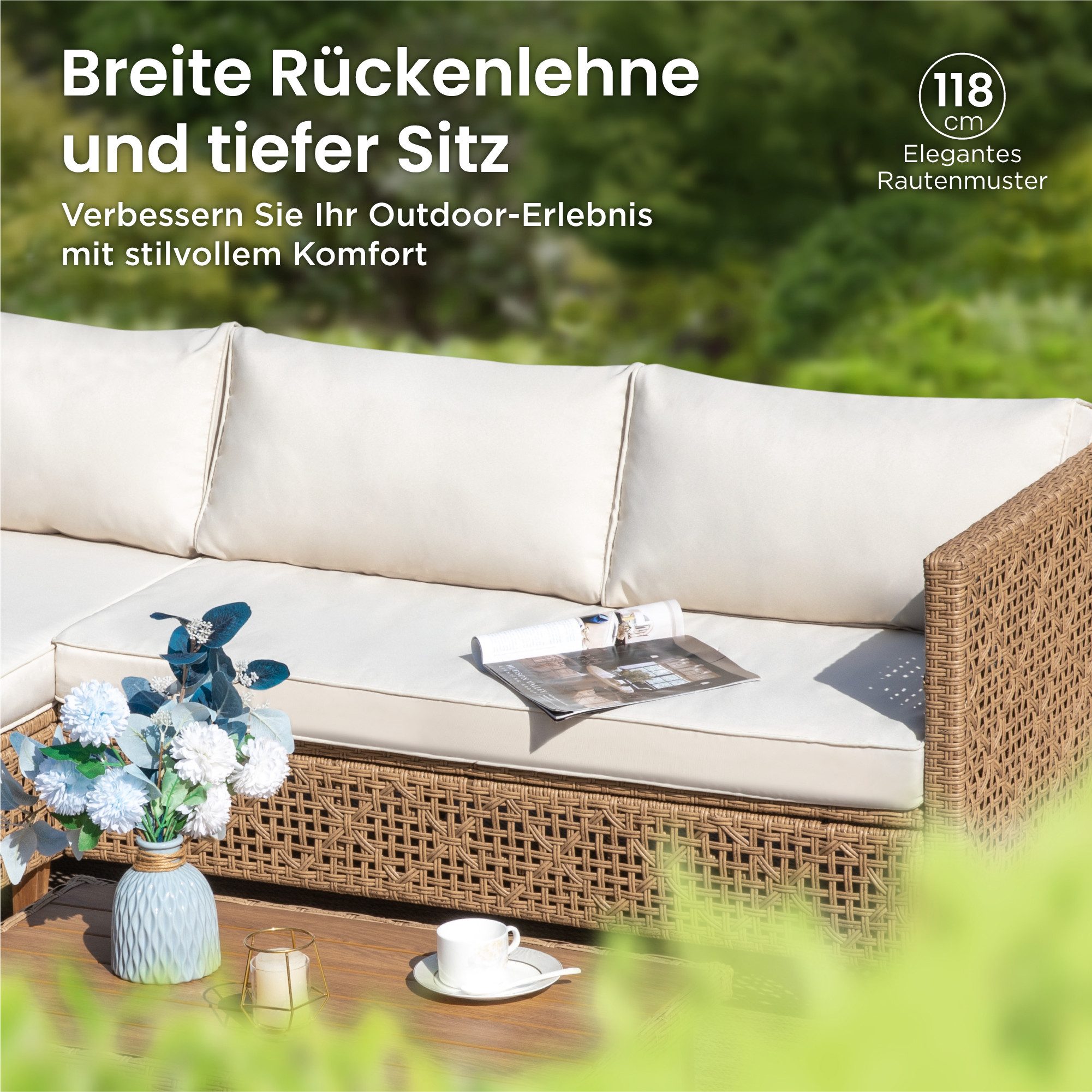 PHI VILLA Gartenlounge-Set, (1 Zweisitzer-Sofa, 2 Einzelsofas, 1 Chaiselongue und 1 Kleiner Couchtisch, PE Rattan Lounge Möbel Outdoor), 6 Personen Terassenmöbel Außen Gartensofa, Beige und Dunkelblau