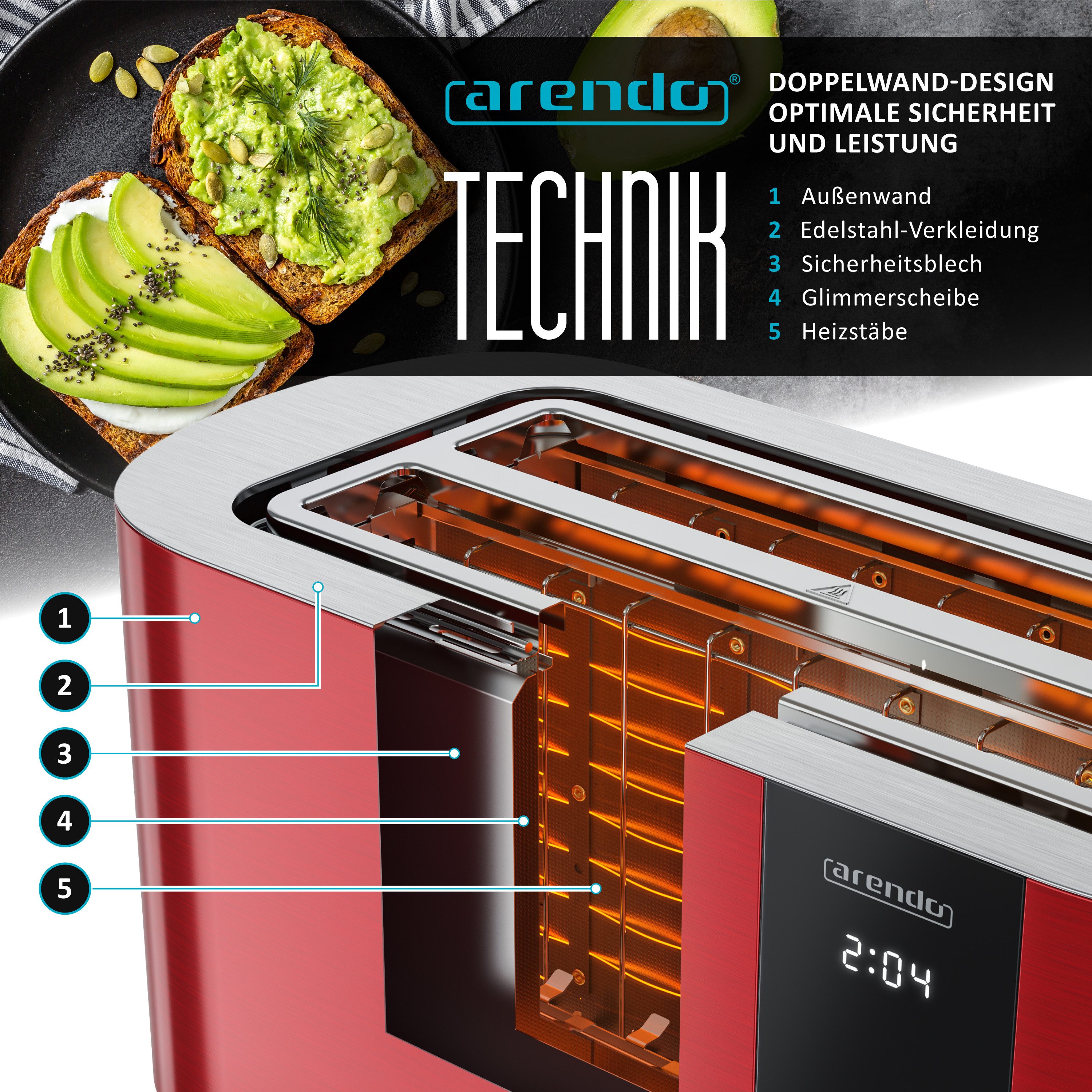 Arendo Toaster Edelstahl, Langschlitz, Touch Display, Restzeit & Bräunungsgradanzeige, 2 lange Schlitze, für 4 Scheiben, 1500 W, Brötchenaufsatz, Wärmeisoliert, Toast-Symbole für Bräunungsgradauswahl