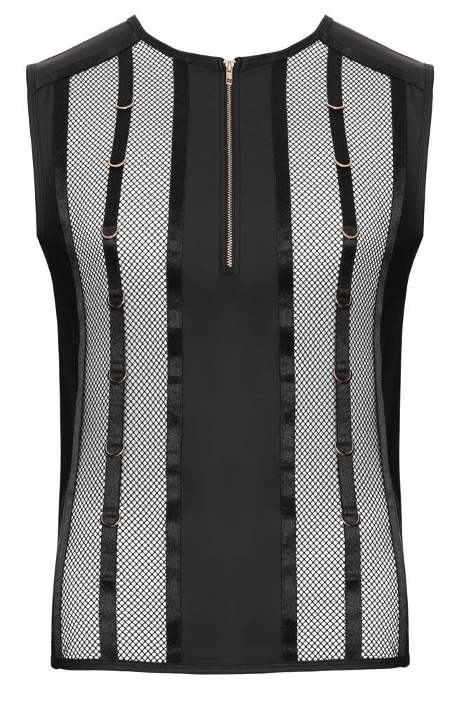 Muskelshirt Ärmelloses Netz-Shirt im Mix mit Wetlook und Reißverschluss - schwarz