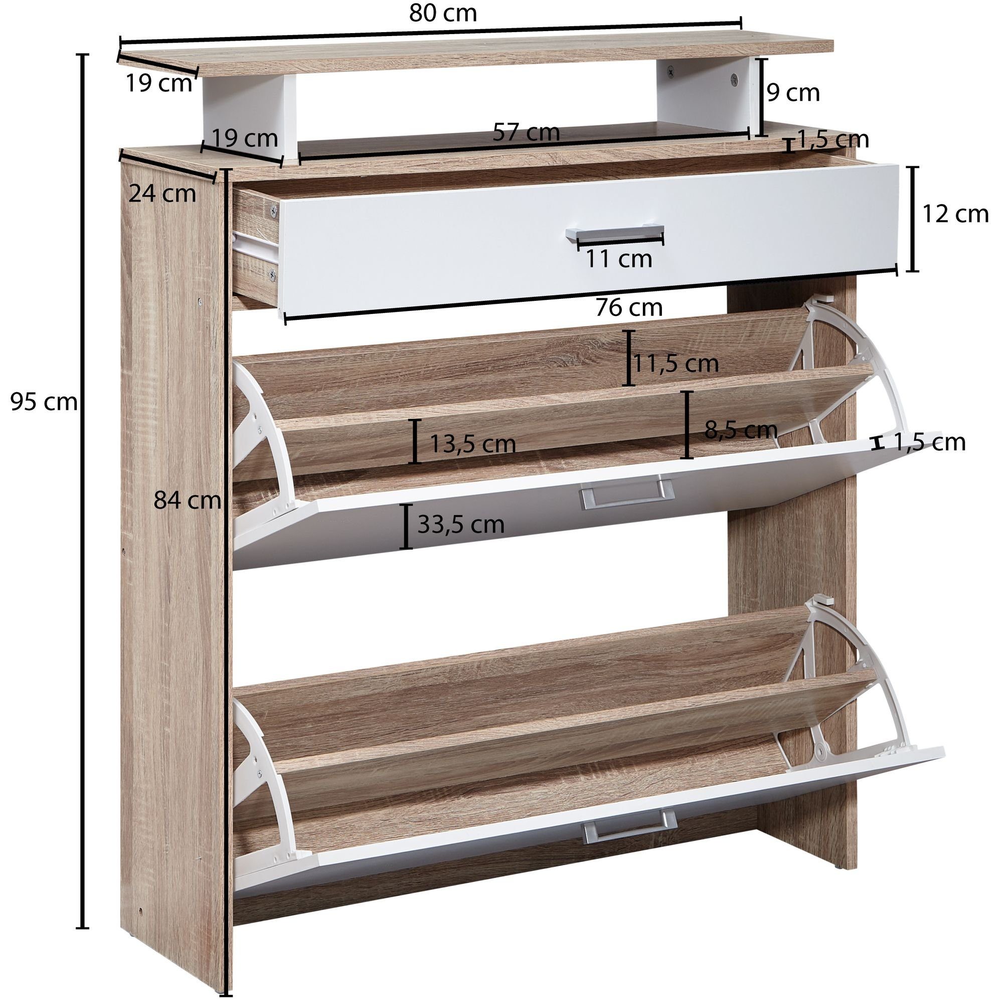 Wohnling Schuhkipper WL1.794 (80x95x24 cm, Schuhschrank Sonoma Eiche /  Weiß), Schuhregal mit Ablage, Flurschrank mit Schublade