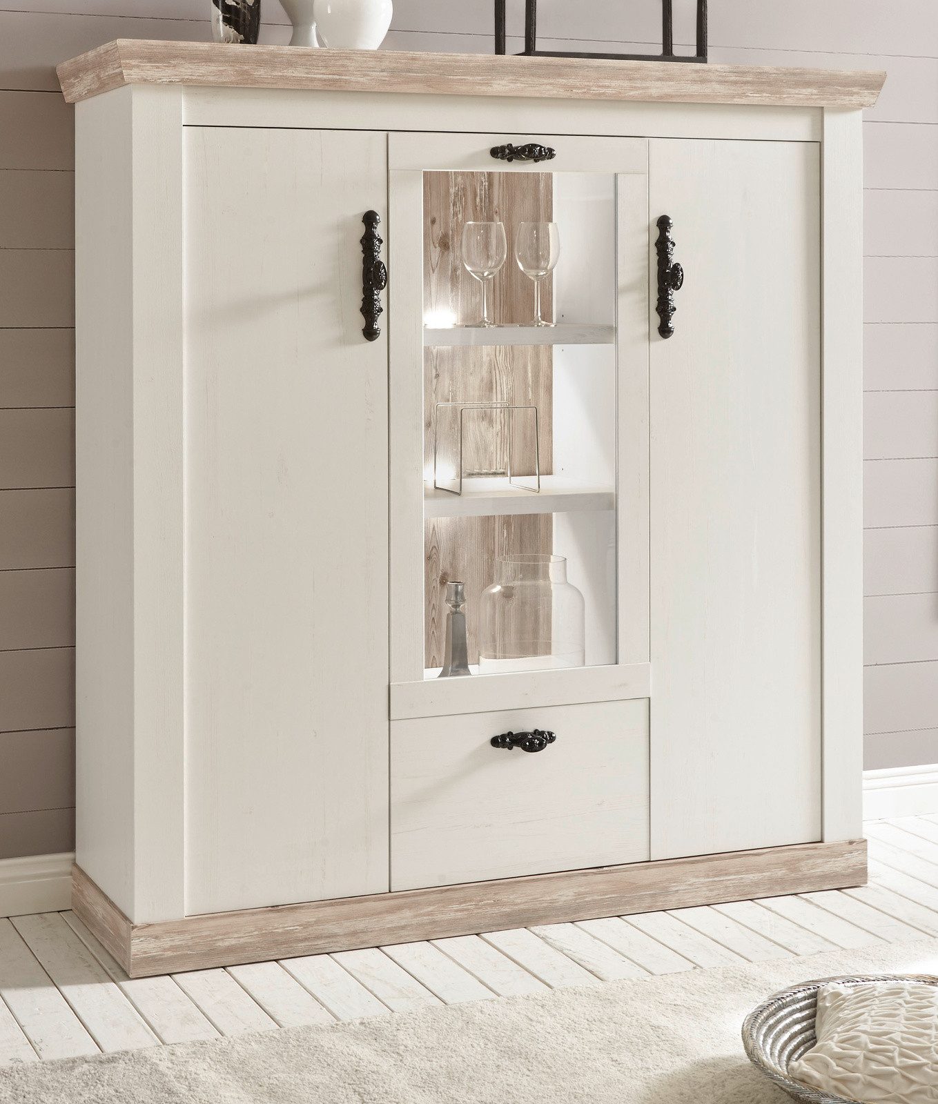 Furn.Design Highboard Rovola (Schrank in Pinie weiß Landhaus mit Oslo-Pinie, 140 x 146 cm), 11 Fächer