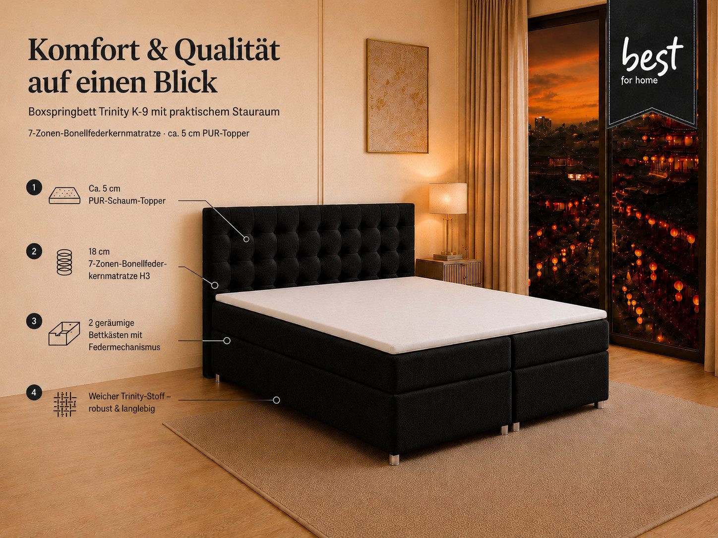 Best for Home Boxspringbett Trinity K-9 mit Stauraum & 7-Zonen Komfort – modern & komfortabel (Komplett-Set, 1-St., 140x200 160x200 180x200 200x200 cm), Handwer – Bild 3 von 5