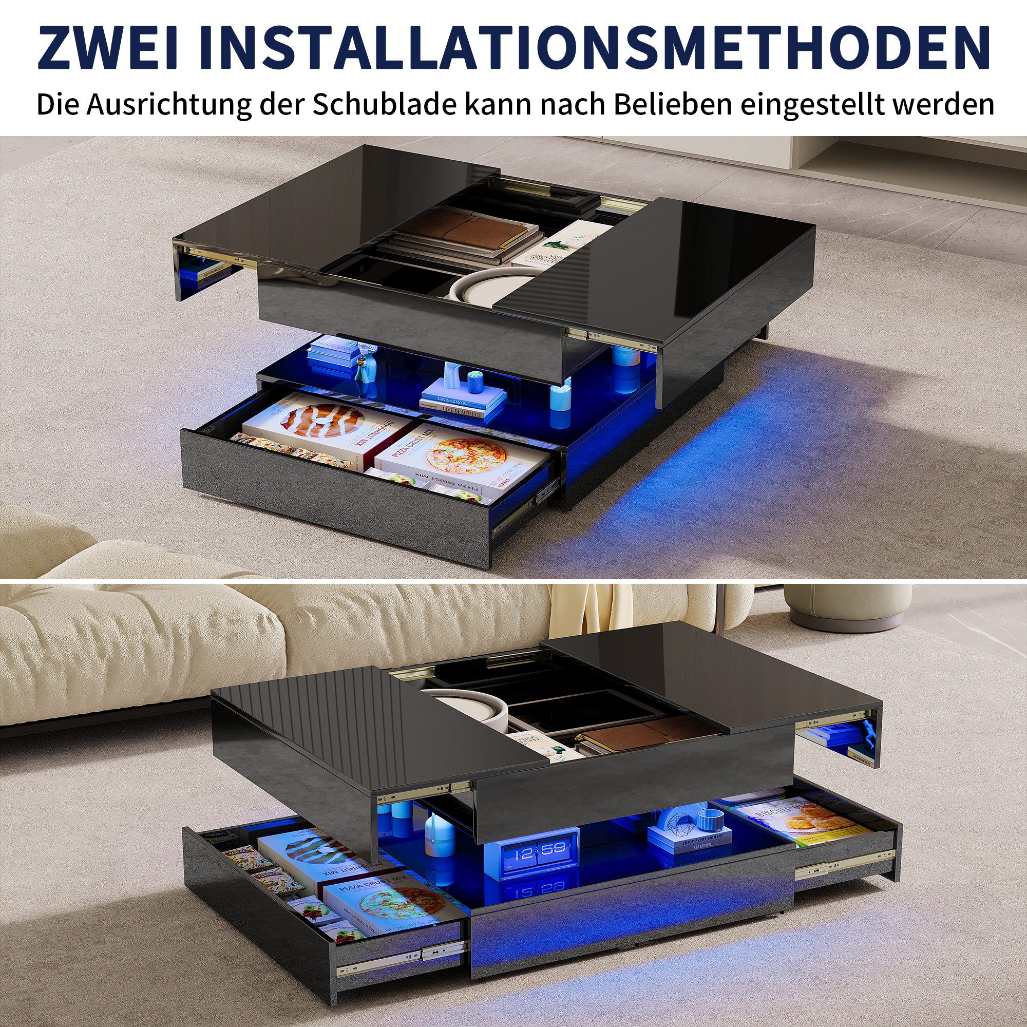 PXloue Couchtisch LED-Couchtisch mit Stauraum und modernem Design (Hochglänzender), Praktischer Tisch mit Schubladen und integrierter Beleuchtung – Bild 4 von 5