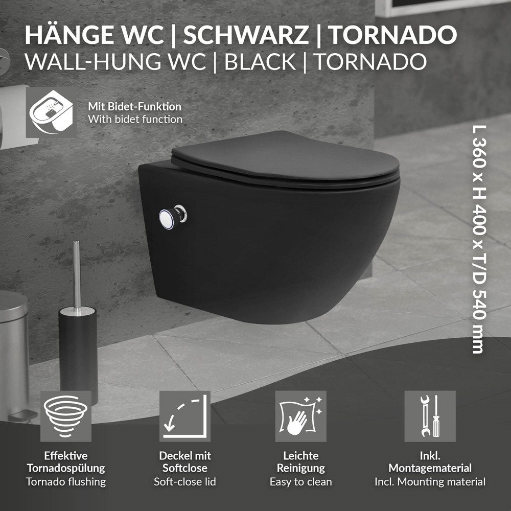 LuxeBath Tiefspül-WC Spülrandloses Wand Hänge WC aus Keramik, mit WC-Sitz Absenkautomatik, Toilette mit Bidet-Funktion, Tornadospülung, Softclose-Klodeckel