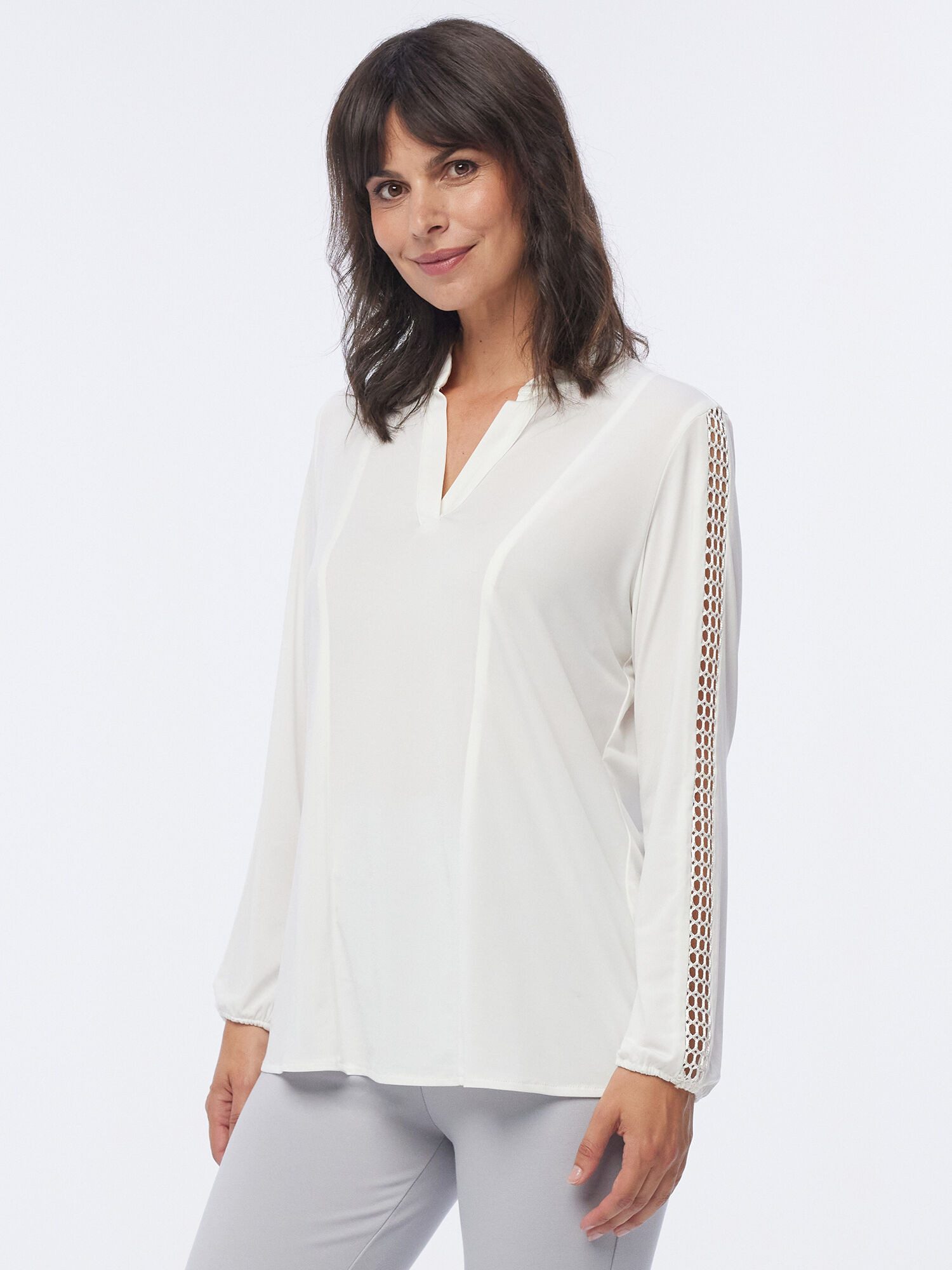 MONACO blue Blusenshirt Langarmshirt Figurbetont mit Häkeldetail günstig online kaufen