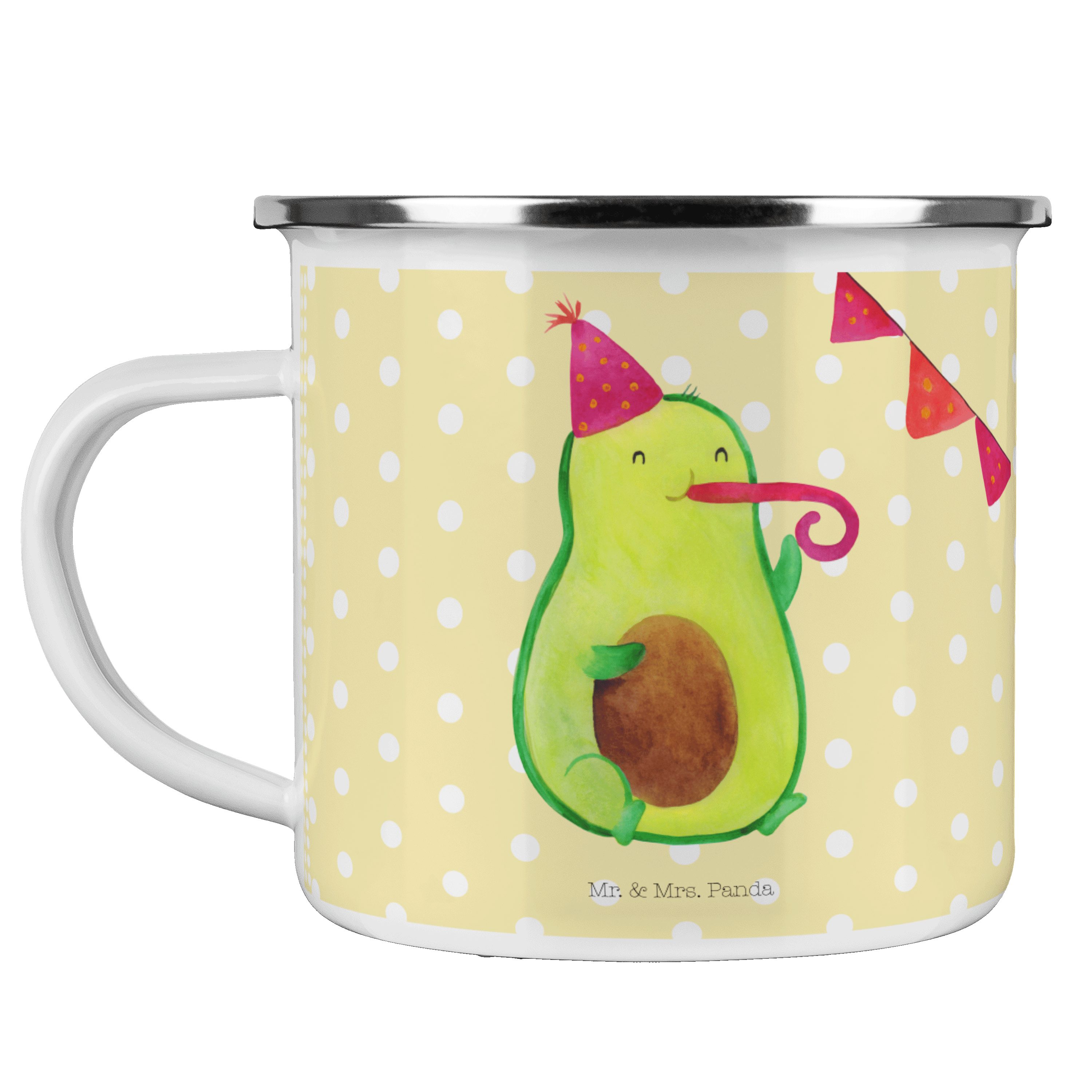 Mr. & Mrs. Panda Becher Avocado Partyhupe - Gelb Pastell - Geschenk, Blechtasse Outdoor, Vega, Emaille