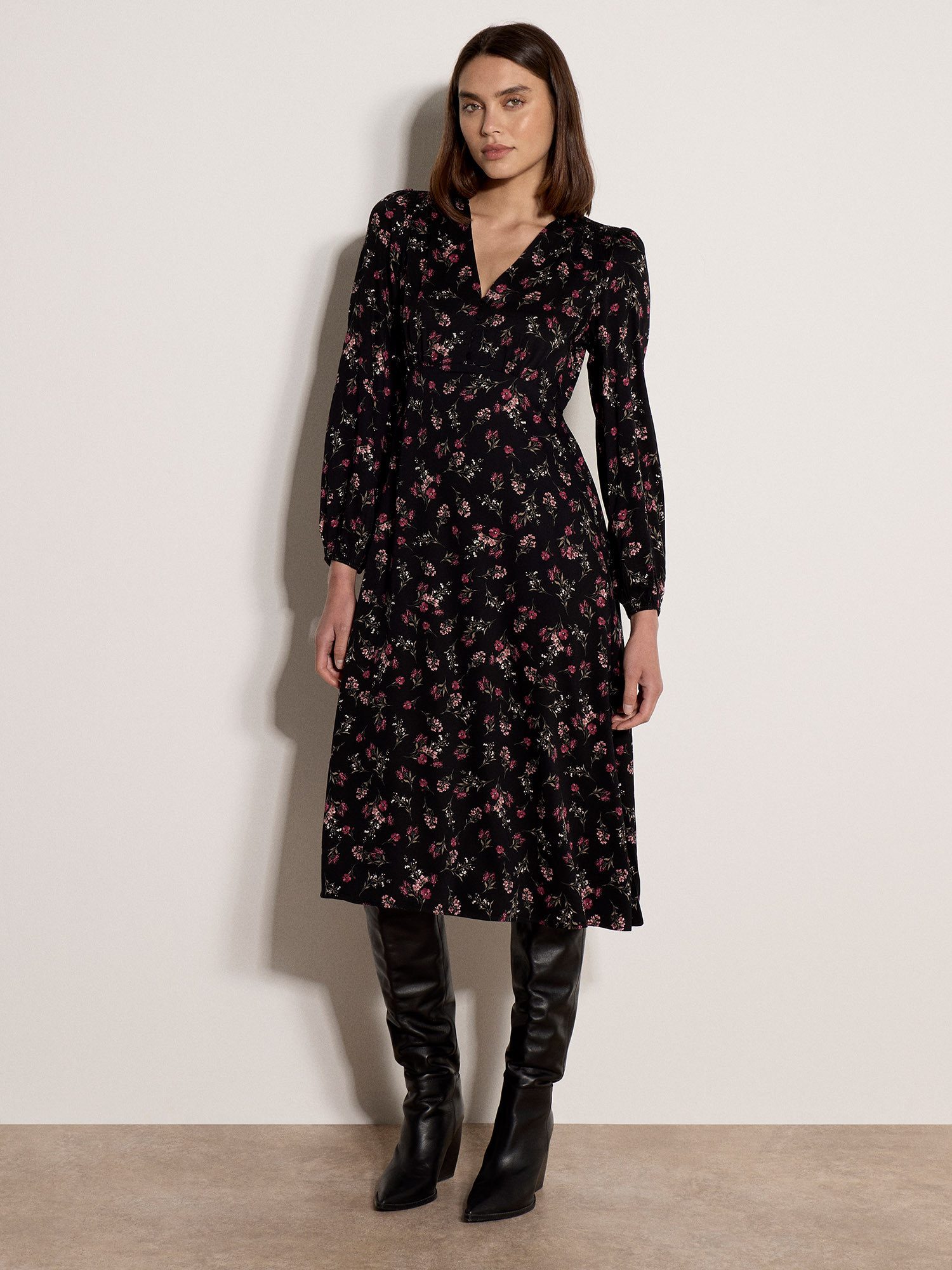 Apricot Midikleid Wadenlanges Kleid mit Blumenprint