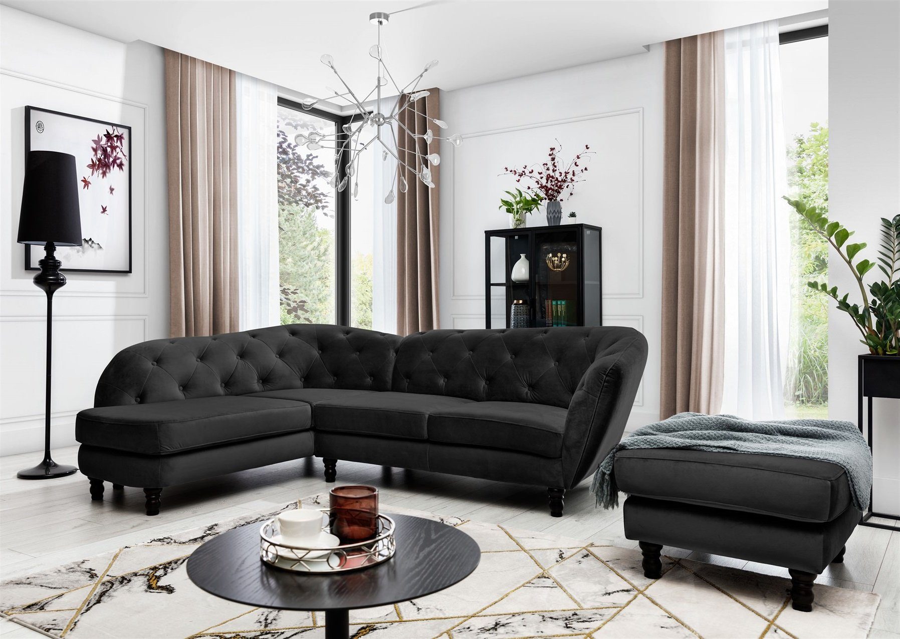 Fun Möbel Ecksofa Ecksofa Designersofa CHARLOTTE incl. Hocker in Stoff Matt Velvet, 2 Teile