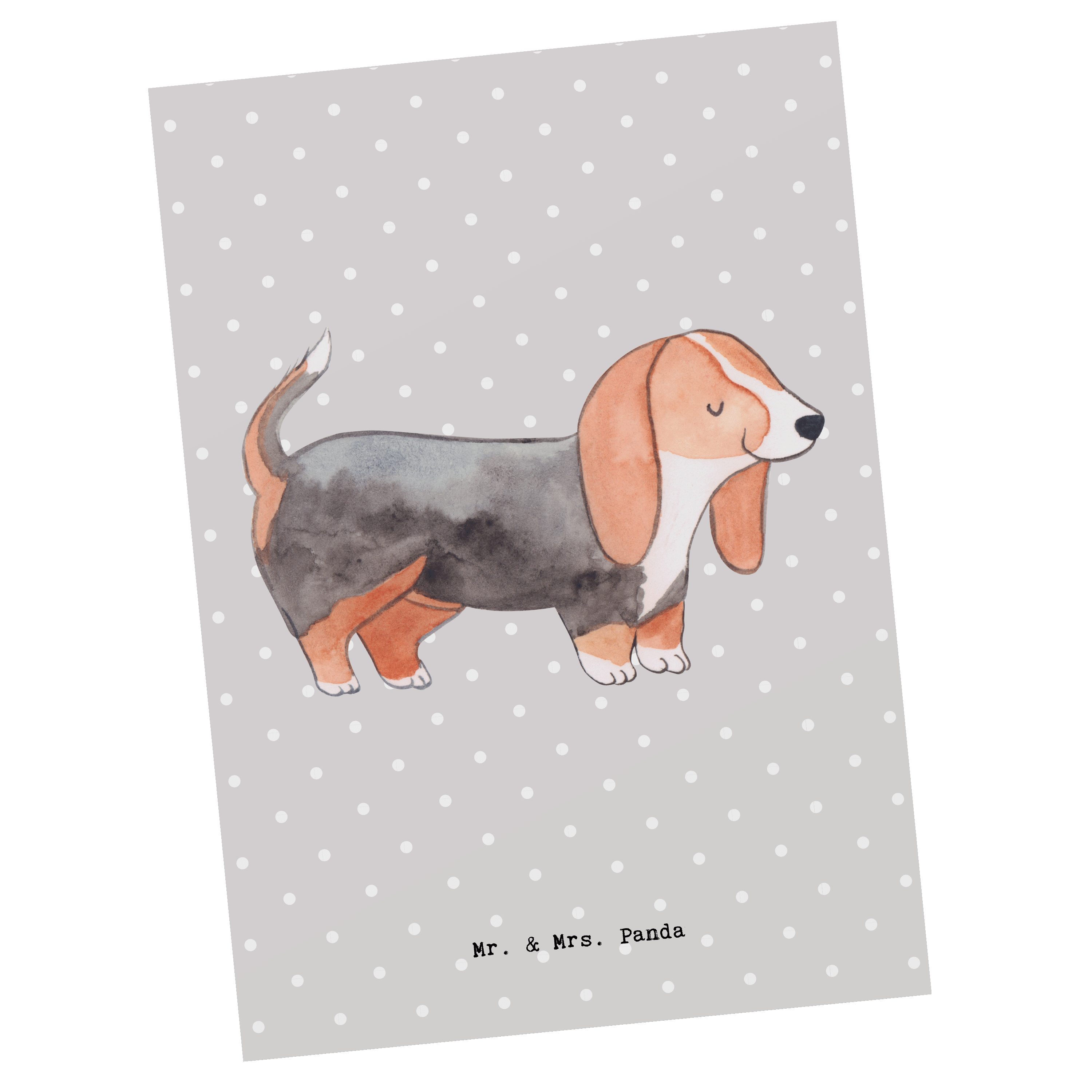 Mr. & Mrs. Panda Postkarte Basset Hound Moment - Grau Pastell - Geschenk, Karte, Welpe, Ansichts
