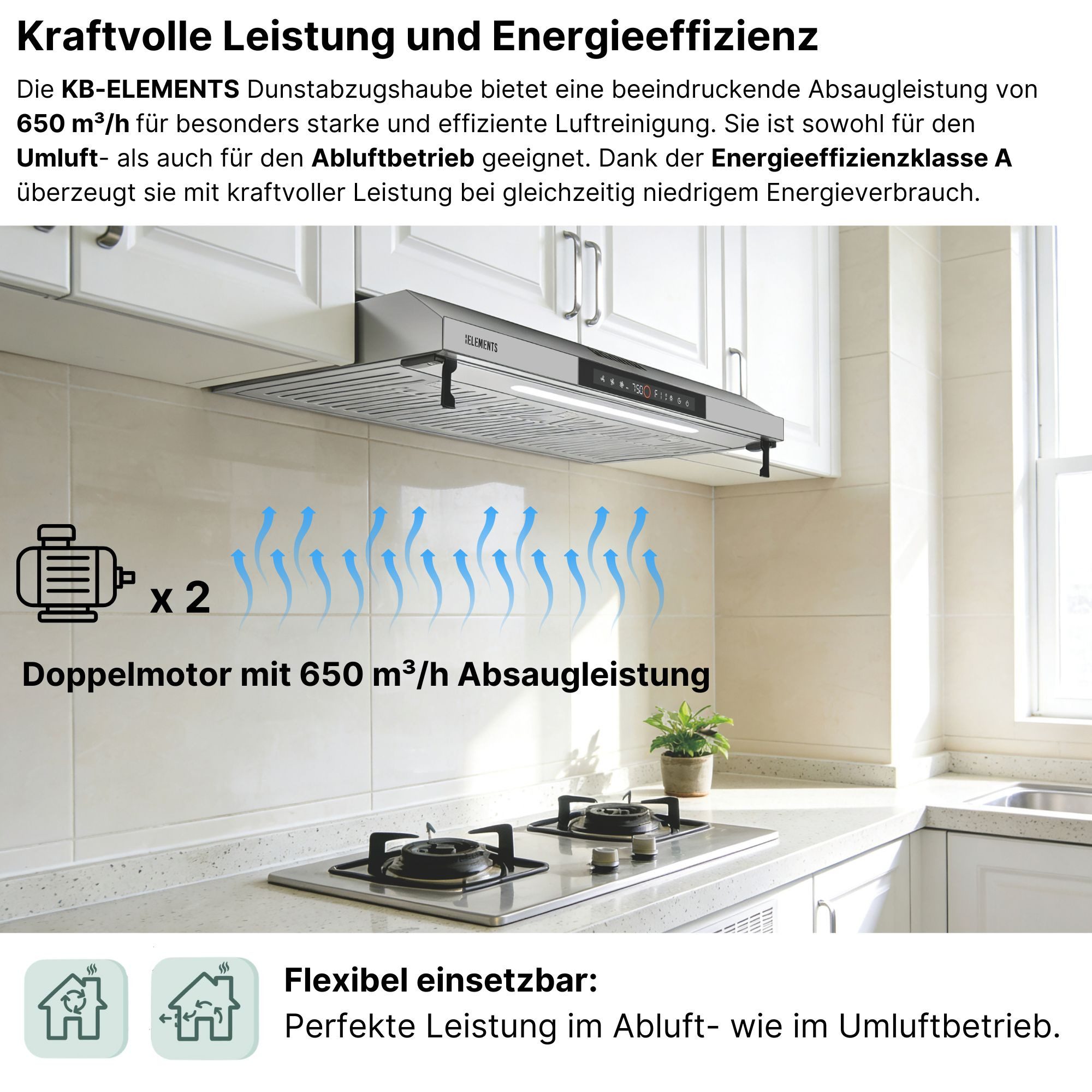 KB Elements Unterbauhaube Doppelter motor 2 x 80 Watt, 650 m³/h Absaugleistung Doppelter motor 2 x 80 Watt, 650 m³/h Absaugleistung, Doppelter motor, Touch / Gestensteuerung
