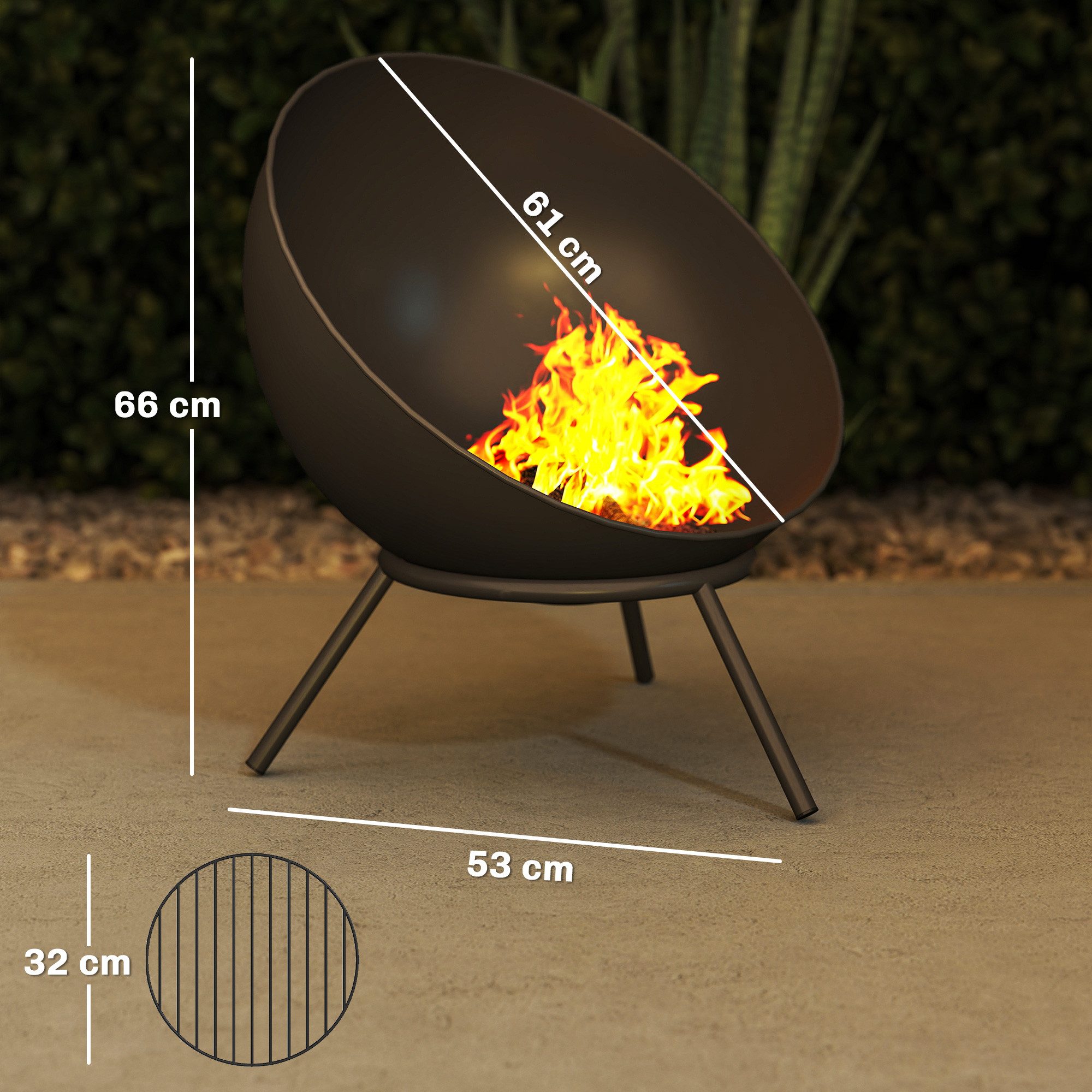 Outsunny Feuerschale mit Schürhaken, Kohlegitter, Ständer, (Feuerstelle, 1-St., Feuerschalen), für Outdoor BBQ Camping Schwarz