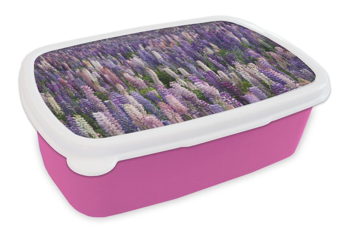 MuchoWow Lunchbox Blumen - Lila - Lupine, Kunststoff, (2-tlg), Brotbox für Erwachsene, Brotdose Kinder, Snackbox, Mädchen, Kunststoff rosa