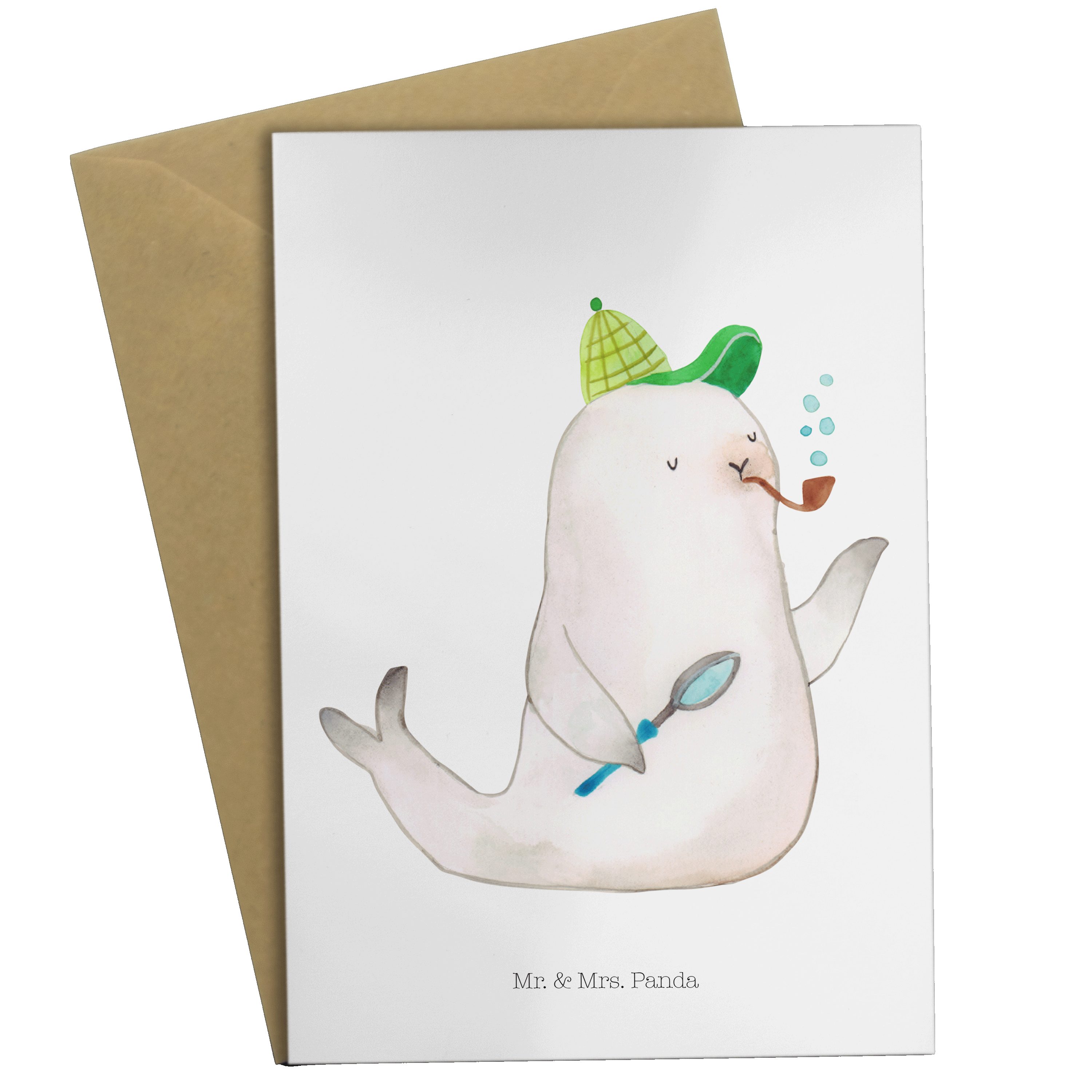 Mr. & Mrs. Panda Grußkarte Robbe Sherlock - Weiß - Geschenk, Einladungskarte, Klappkarte, Karte