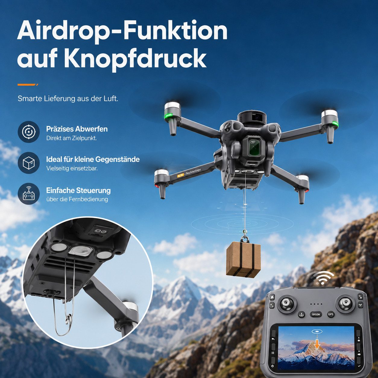 Goldstern-Tech RC-Quadrocopter AE51 (mit HD-Kamera, 4,5-Zoll-Display-Fernsteuerung), Hinderniserkennung, Return-to-Home, bis 50 min Flugzeit