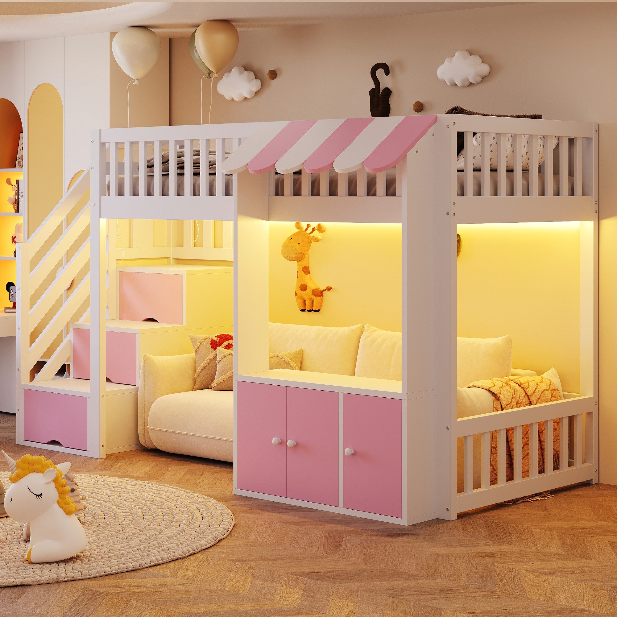 OKWISH Hochbett Jugendbett Funktionsbett (mit Stauraumtreppe, Stauraumschrank, mehrfarbiger LED-Lichtleiste und Traufendesign, inklusive Lattenrost, 90×200 cm) ohne Matratze