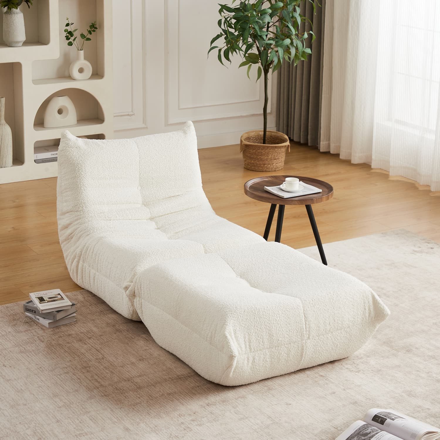 ANYSUN Chaiselongue Relaxsessel aus Chenille mit Schaumstofffüllung und Fußstütze, Set 2 Teile, Loungesessel und Relaxliege,185 cm,formstabil,montagefrei,Beige