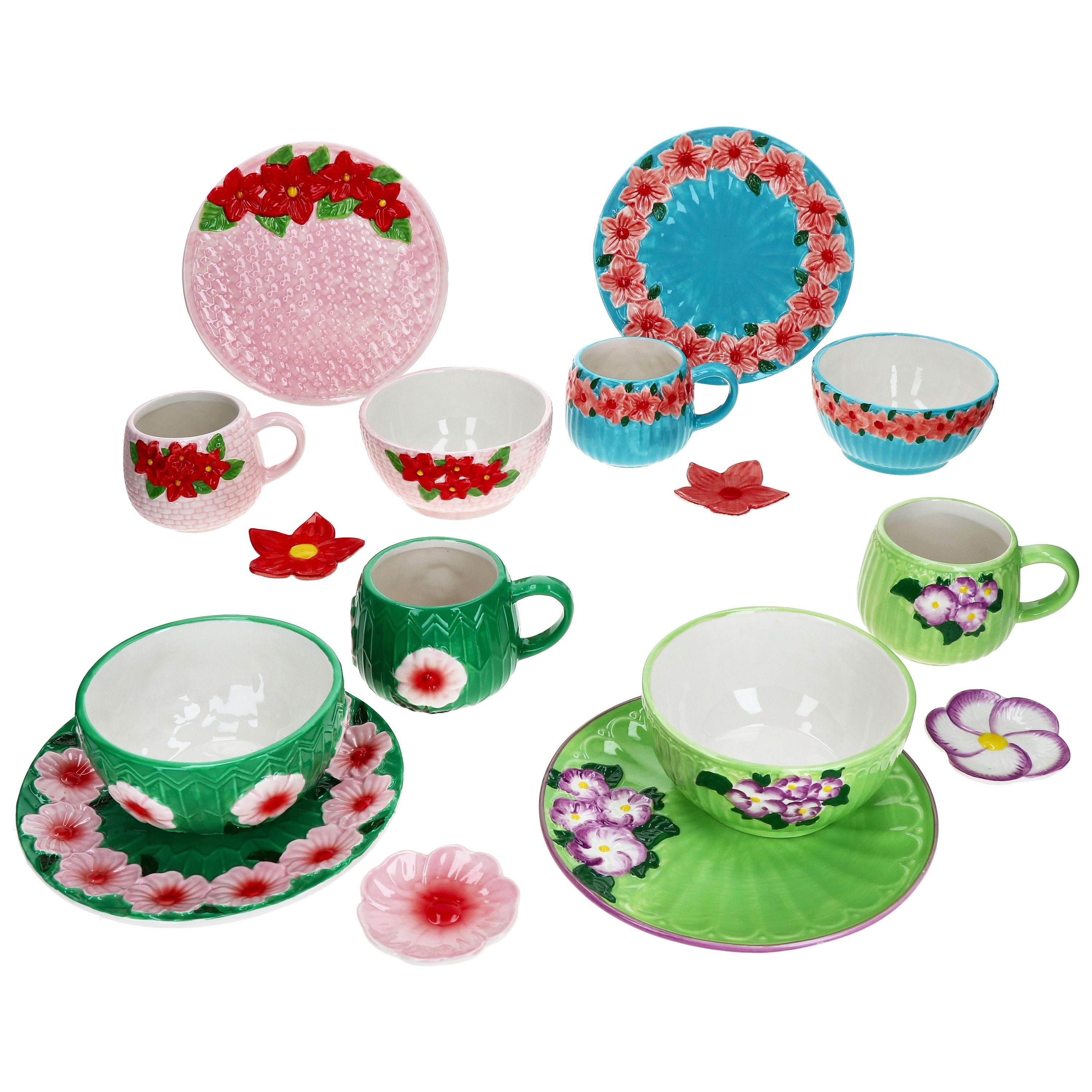 MamboCat Frühstücks-Geschirrset Flori Flower 16tlg Frühstücksset Steingut Teller Becher Schale, Steingut