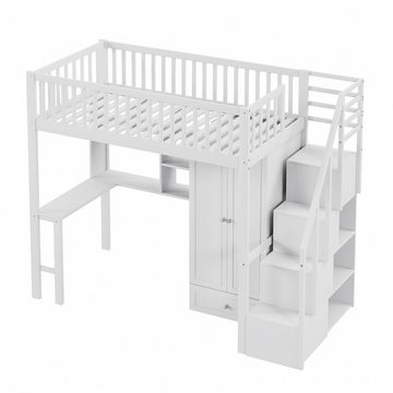 MODFU Kinderbett Hochbett mit großem Kleiderschrank Regal und Tisch (90 x 200 cm, Stauraum Treppe Mehrzweckbetteinheit Holzbettgestell), ohne Matratze