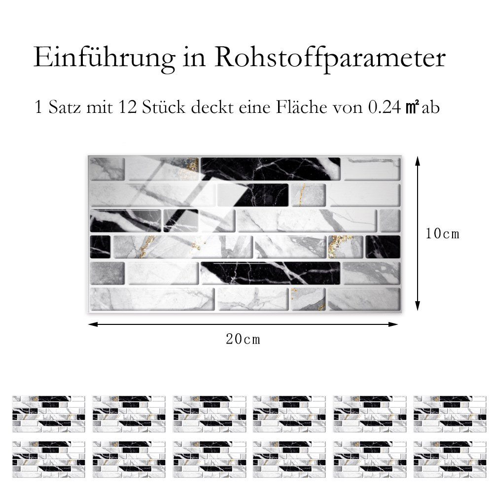 COOL-i ® Fliesenaufkleber, 12St selbstklebende 20x10cm, PVC Fliesenaufkleber