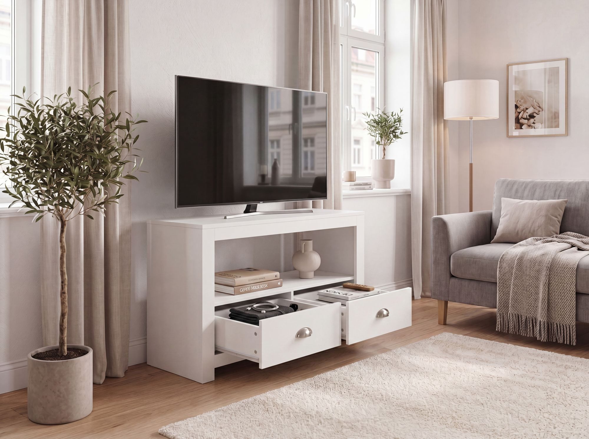 FineBuy Lowboard TV Möbel Weiß 85cm - Kompaktes TV Board mit zwei Schubladen - Fernsehunterschrank mit offenem Fach - Platzsparende Fernsehkommode - Fernsehschr – Bild 2 von 5