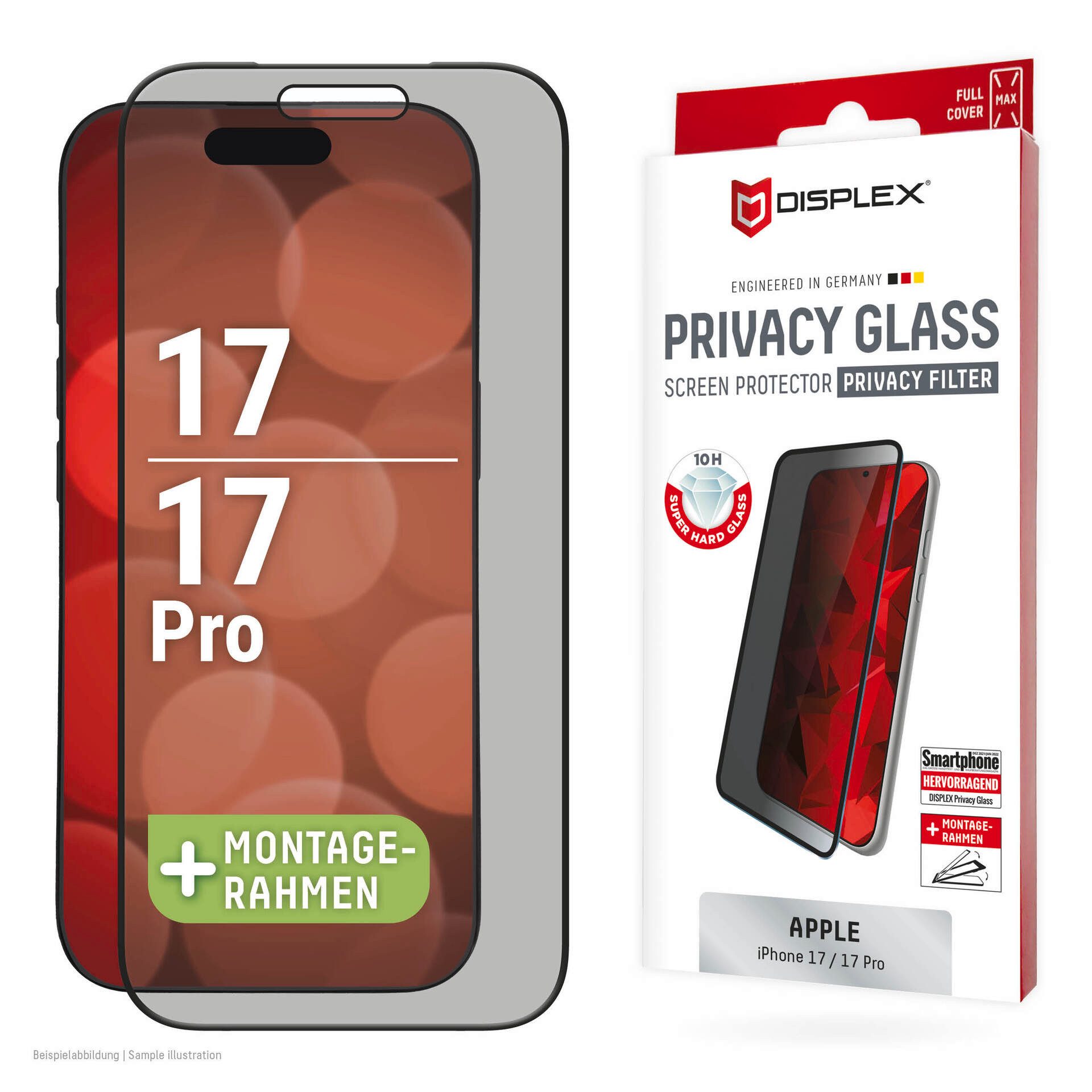 Displex Displayschutzglas Privacy Glass Screen Protector für Apple iPhone 17, Apple iPhone 17 Pro, Displayschutzfolie, Schutzfolie, Bildschirmschutz, kratz- & stoßfest