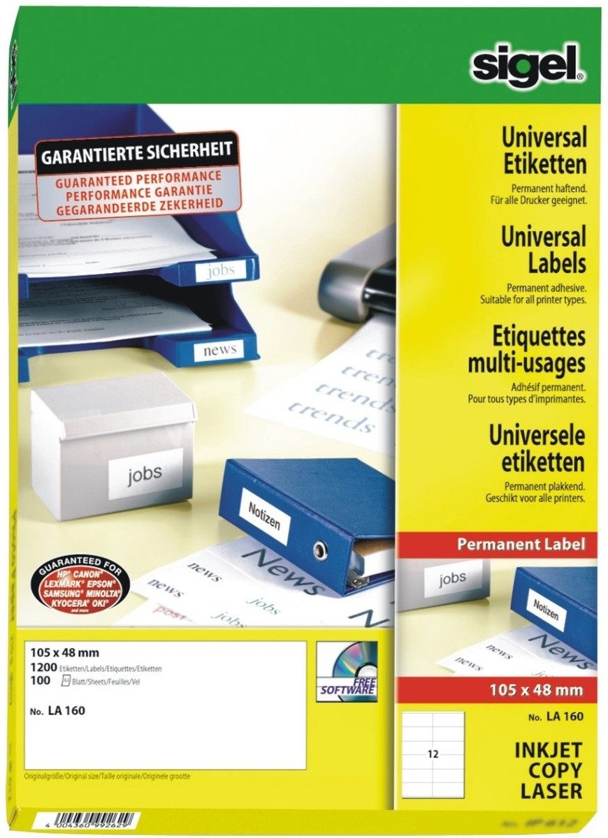 Sigel Etiketten Etiketten Inkjet/Laser Kopier 105x48mm VE=1200 Stück (100 Blatt) weiß