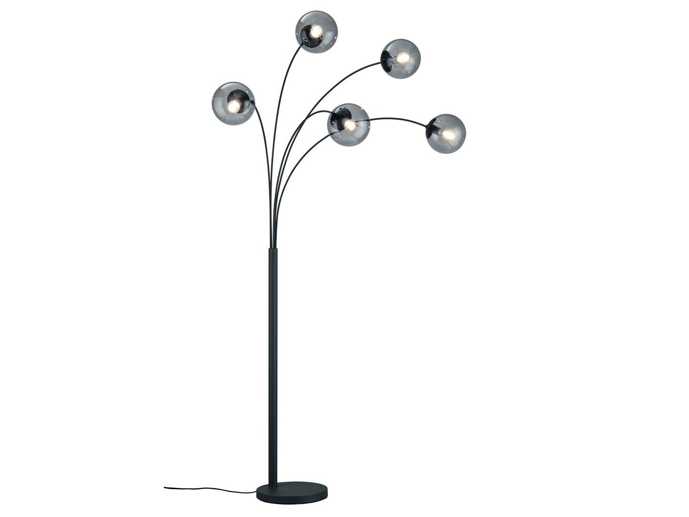 TRIO Leuchten LED Bogenlampe, Dimmfunktion, LED wechselbar, Warmweiß, große ausgefallen-e Bogen-stehlampe für Ecke 5x Rauch-glas Kugel 180cm