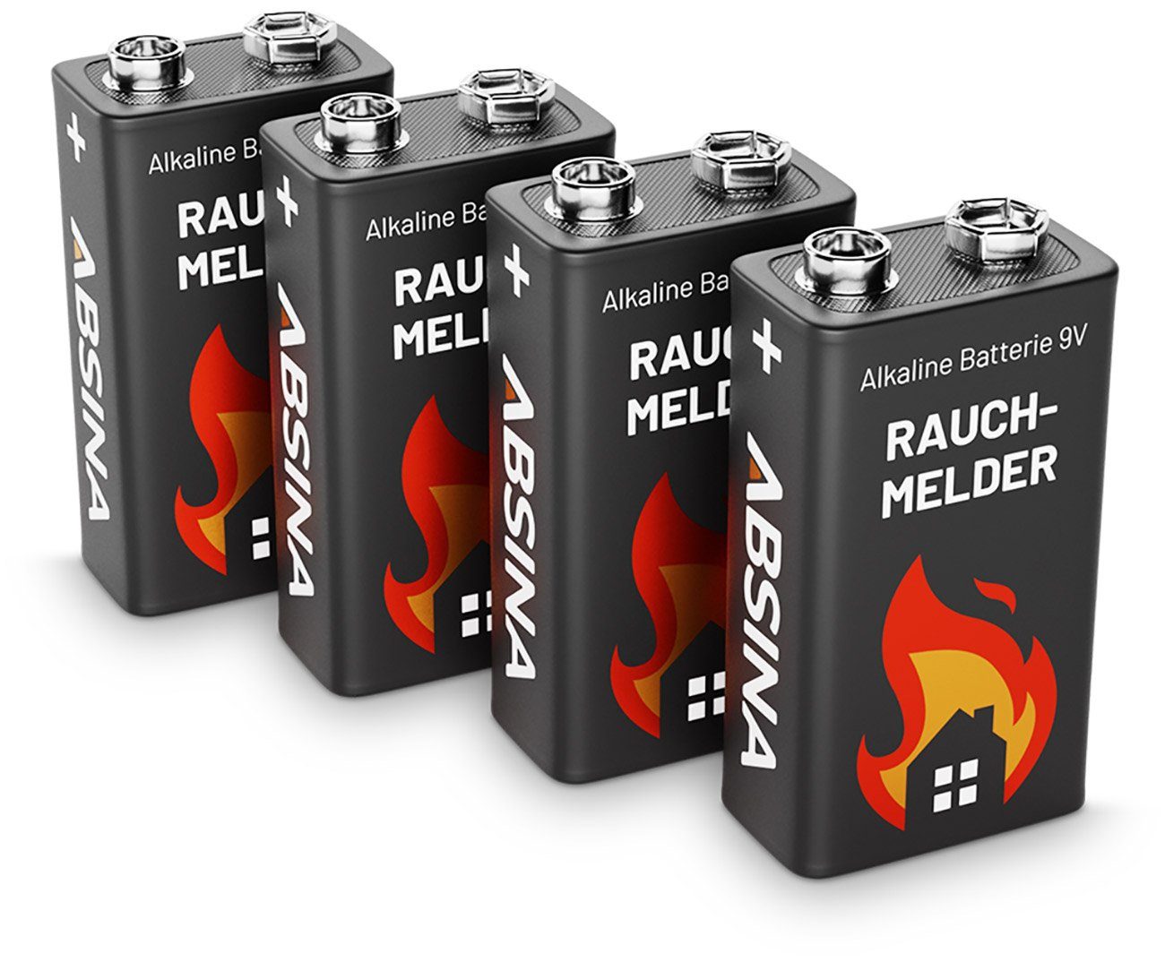 ABSINA 4er Pack Alkaline 9V 6LR61 Block-Batterien ideal für Rauchmelder, Rau Batterie, (9,0 V)