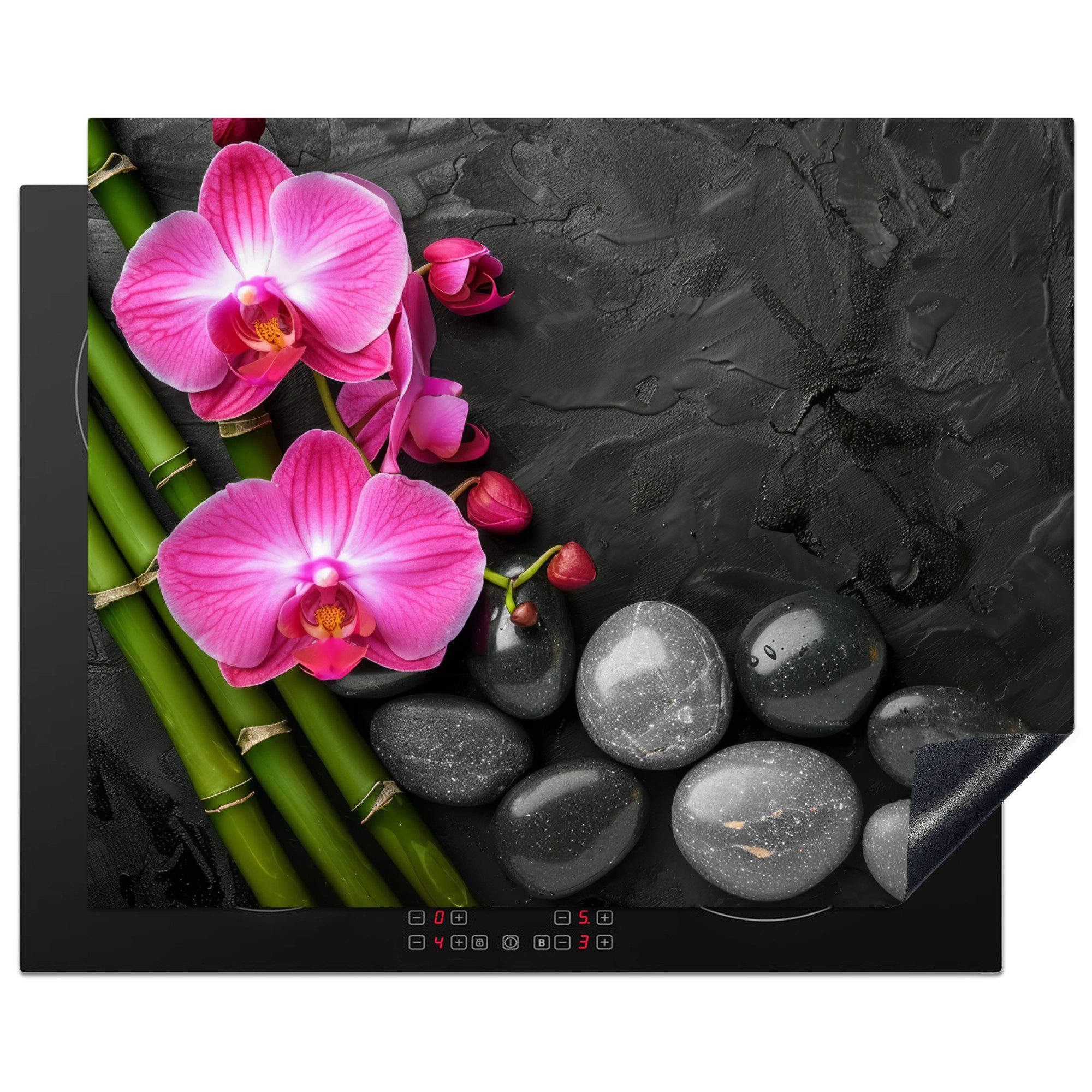 MuchoWow Herd-Abdeckplatte Zen - Steine - Blumen, Vinyl, (1 tlg), Abdeckung Induktionskochfeld Schutzmatte, Küche Deko, 65x52 cm