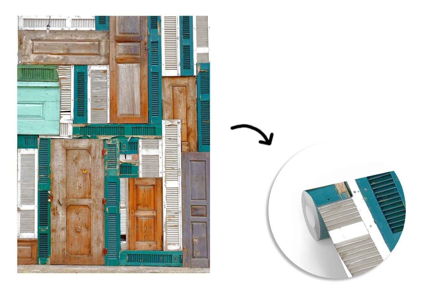 - - Türen Antiquitäten, MuchoWow Matt, Montagefertig St), Architektur für Braun Grün (4 bedruckt, Vinyl - Tapete Wandtapete Wohnzimmer, - Fototapete
