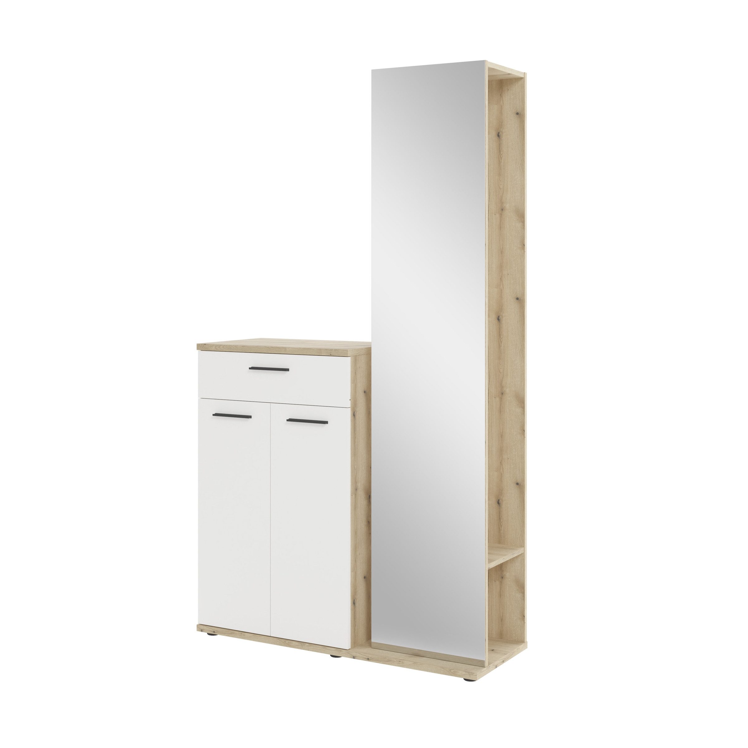 PREISBRECHER Kompaktgarderobe Malaga 2 Türen, 1 Schub, Spiegel, Eiche Dekor / Weiß - 105x188x38cm (BxHxT)