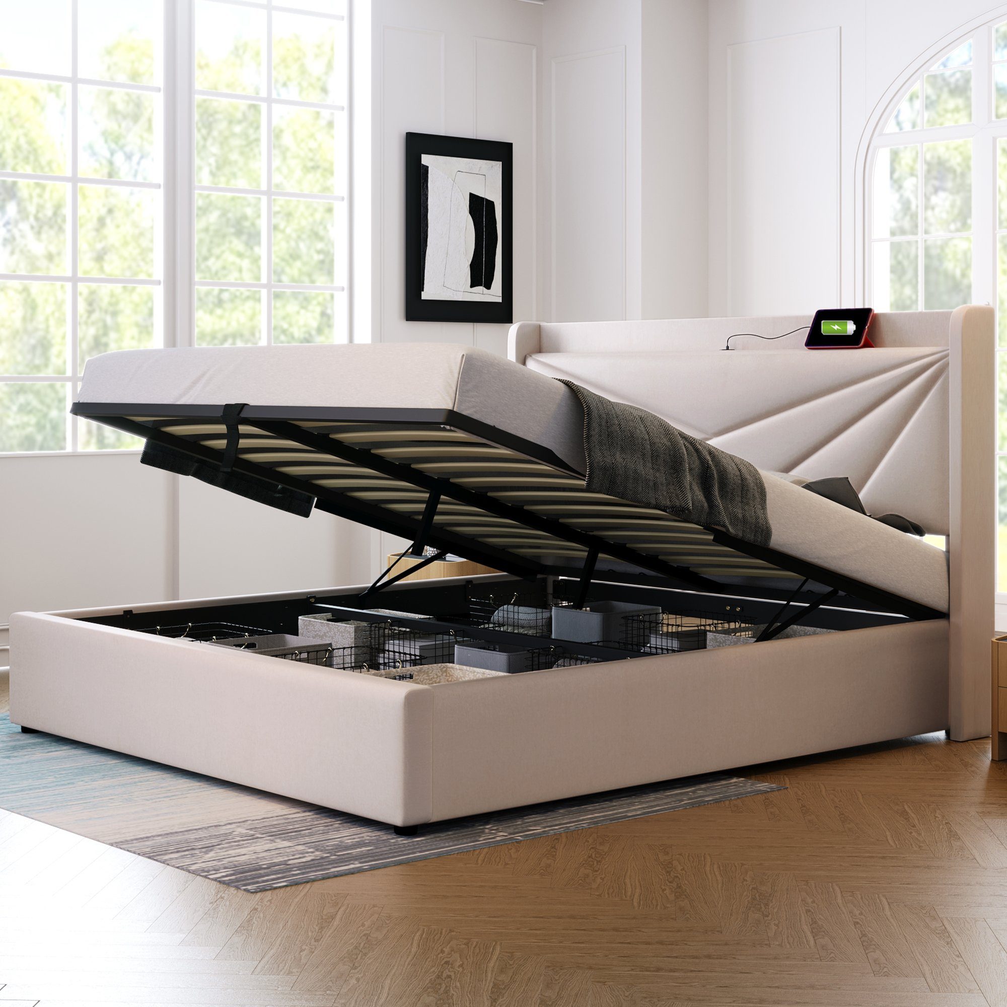 Odikalo Stauraumbett Polsterbett Doppelbett USB-C Ladefunktion Lattenrost 90/140/160/180