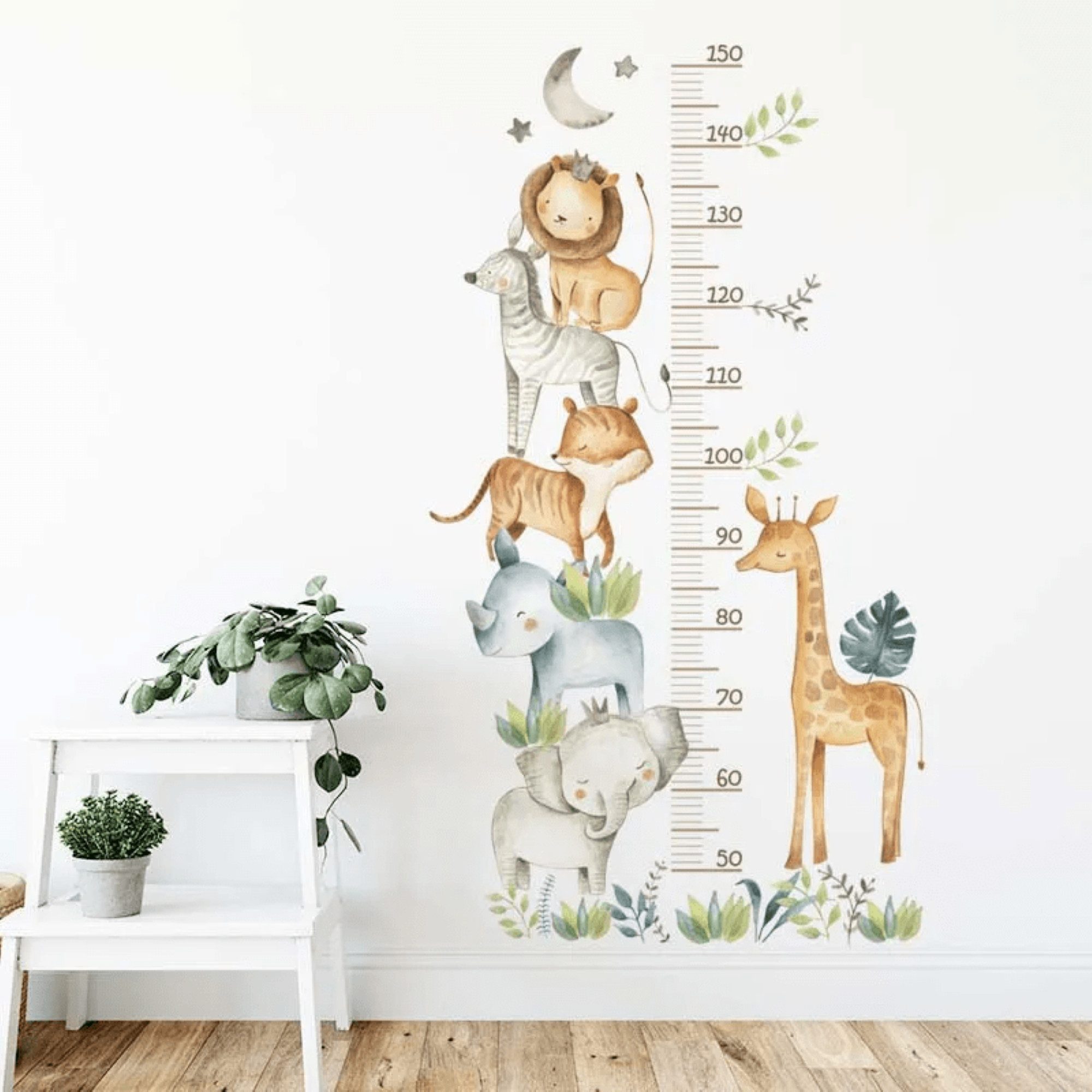 Montegoni Wandtattoo Kinderzimmer Wandsticker Dekoration, (Wandtattoos mit Waldtieren für Kinderzimmer,afrikanischen Tieren in der Höhe mit Blättern, Mond, Sternen, Messlineal Wandaufkleber),wasserdichte abnehmbare