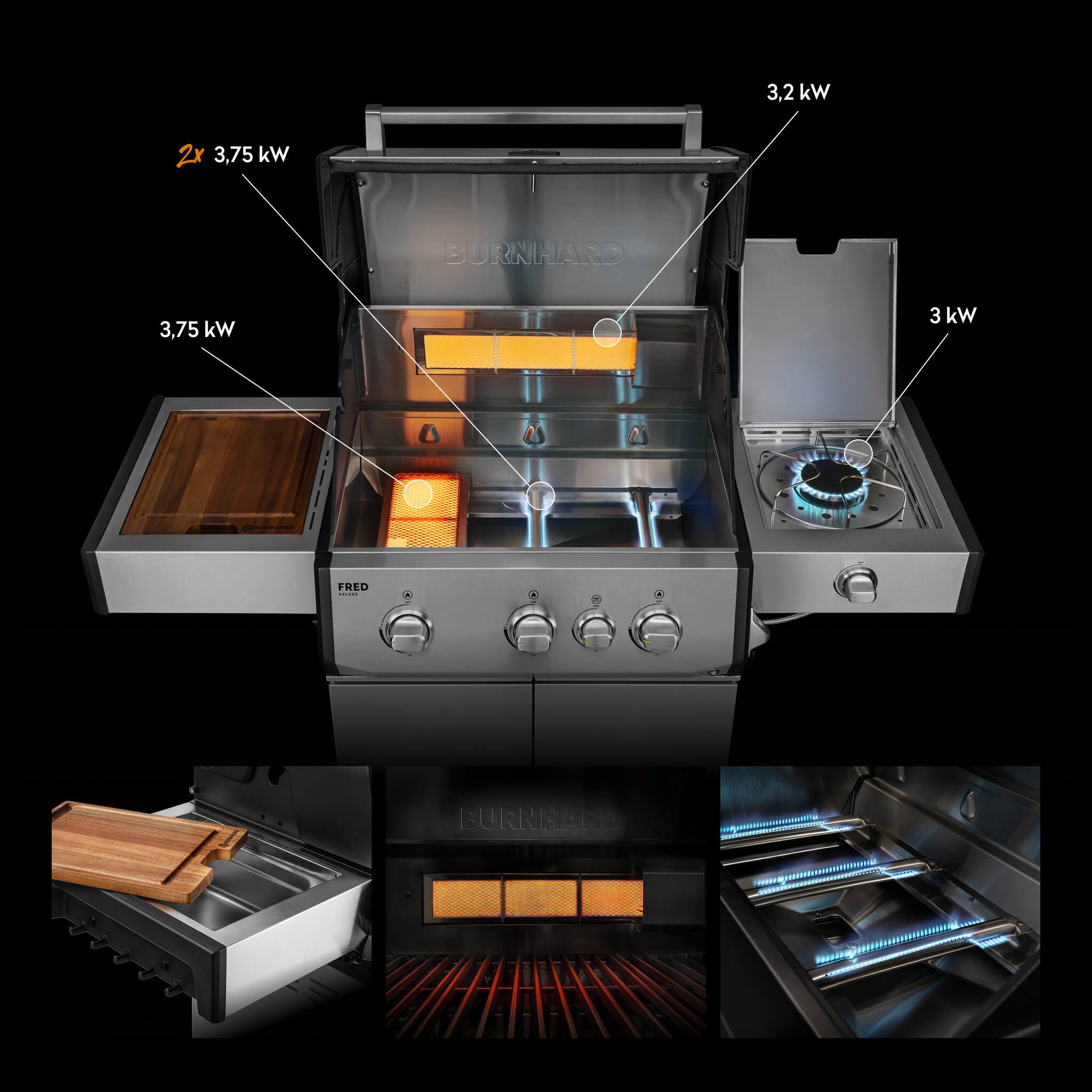 BURNHARD® Gasgrill 2 Edelstahl-Stabbrenner à 3,75 kW, 1 Infrarot-Keramikbrenner 3,75 kW, Infrarot-Keramikheckbrenner 3,2 kW, Seitenkochfeld, Gussrost, Piezo-Zündung – FRED Deluxe
