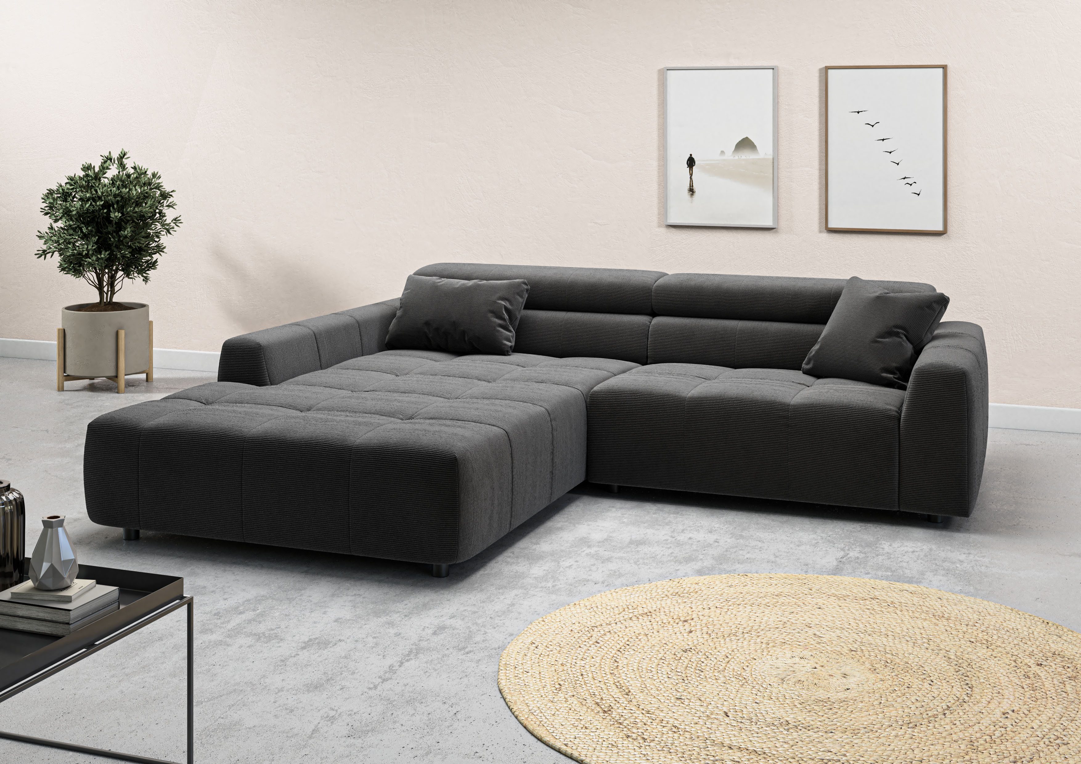 3C Candy Ecksofa Denver auch mit Cord- und Easy care-Bezug, Kopfteilverstellung L-Form, wahlweise. mit motorischer Sitztiefenverstellung