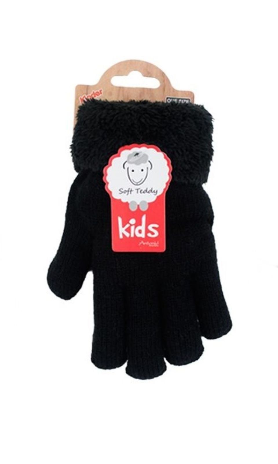 Antonio Strickhandschuhe Kinder Winter Handschuhe, flauschig warme Soft Teddy Füllung (Paar, 2 Einzelne Handschuhe) mit Kunstfell Innenfutter Schwarz