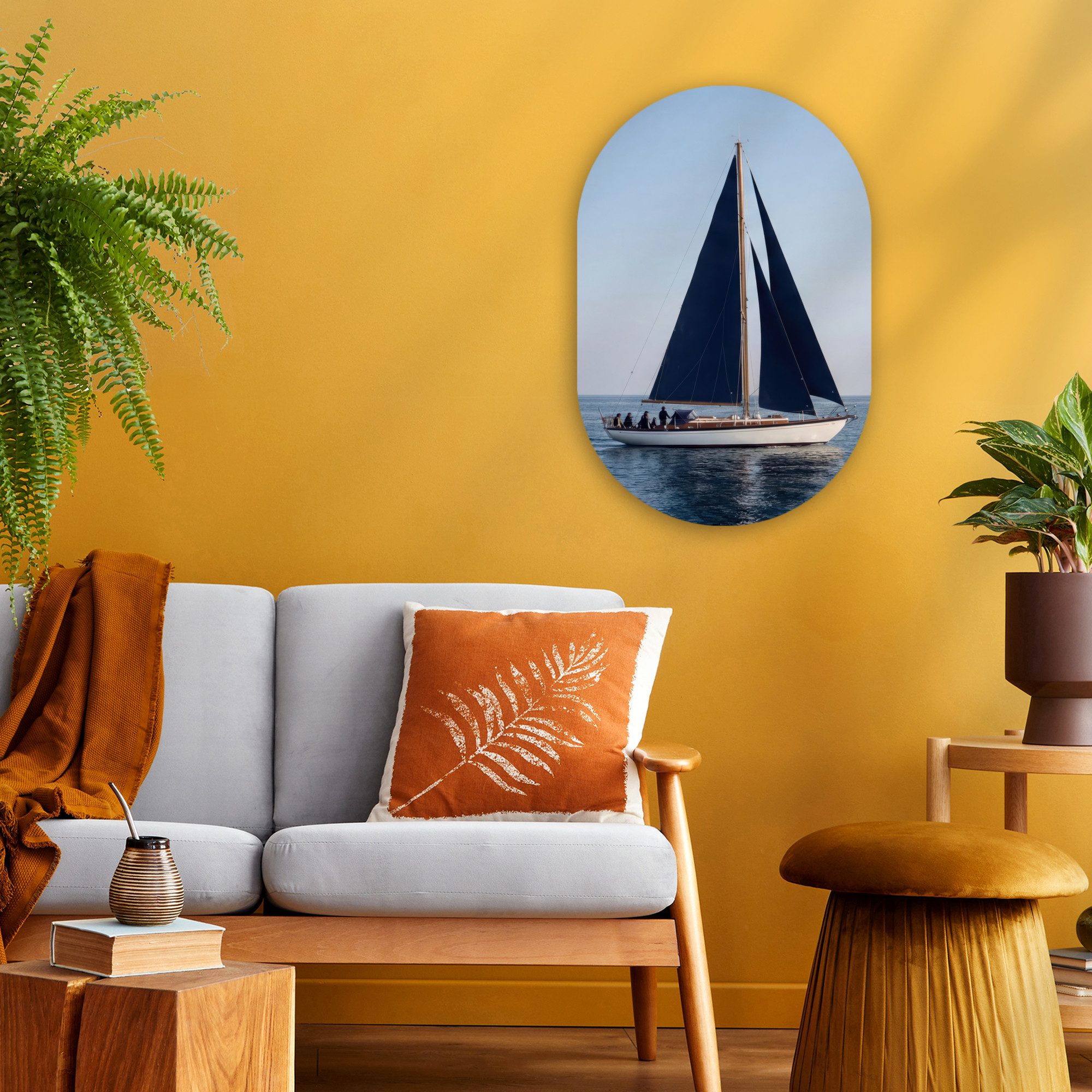 MuchoWow Gemälde Segelboot - Meer - Blau, Fotodruck (1 St), Wandbild Oval, Wohnzimmer oder Schlafzimmer Wanddekoration, 40x60 cm
