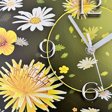 dixtime Wanduhr gelb weiße Blumen Designer Wanduhr modernes Wanduhren Design leise (Einzigartige 3D-Optik aus 4mm Alu-Dibond)