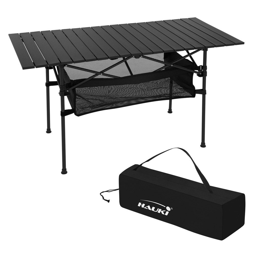 Hauki Campingtisch Klapptisch faltbar aus Aluminium inkl. Tragetasche, Gartentisch 118x55x64,5 cm Schwarz, Aufrollbare Tischplatte, Falttisch