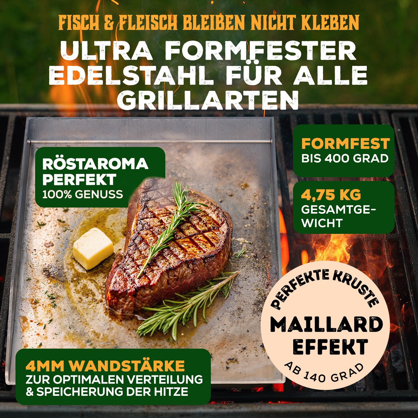 Blumtal Grillplatte Set Plancha Grillplatte Edelstahl inkl. 2 Grillspachteln & Ölflasche (Spar-Set, 4-St), Plancha Grill Set 30x40 cm – Edelstahl, rostfrei & robust für Gasgrill