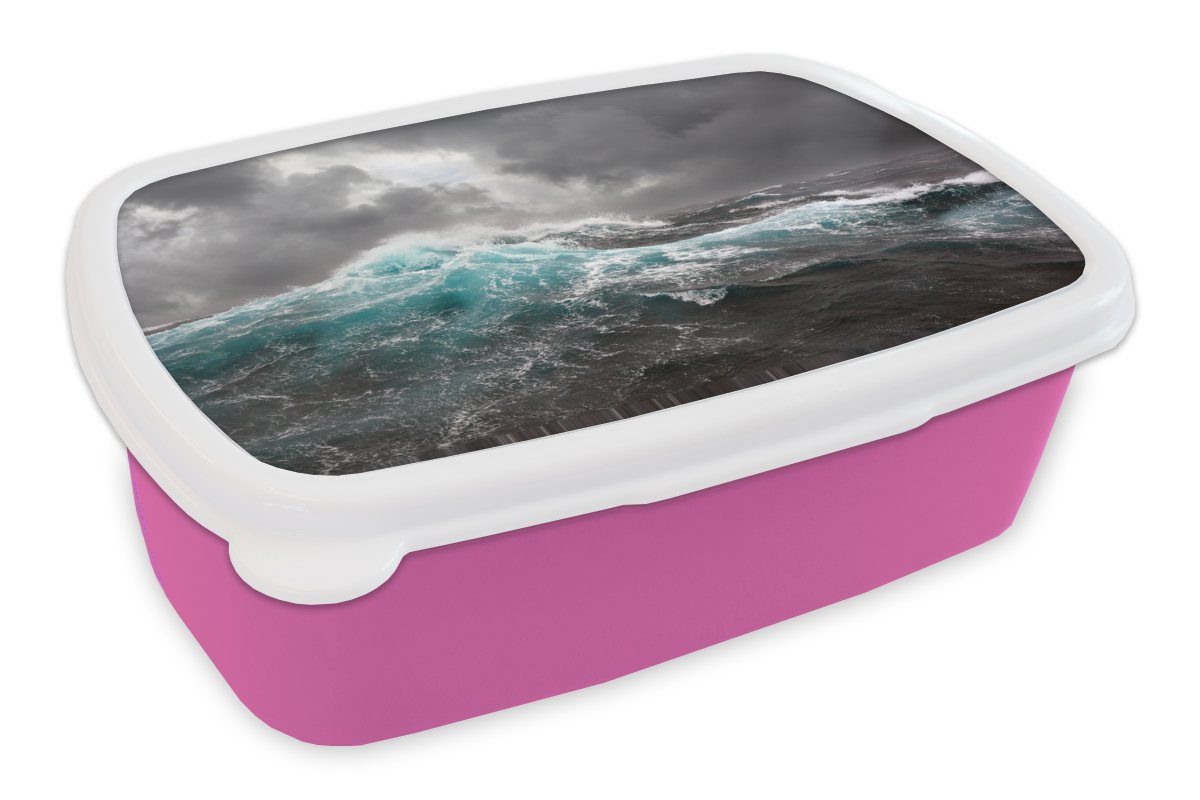 MuchoWow Lunchbox Ozean - Sturm - Welle, Kunststoff, (2-tlg), Brotbox für Erwachsene, Brotdose Kinder, Snackbox, Mädchen, Kunststoff rosa