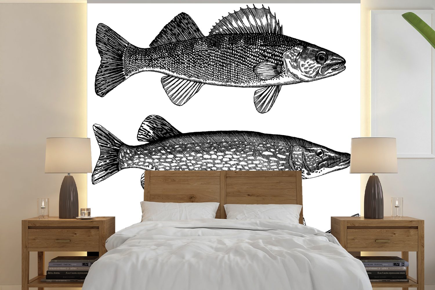 MuchoWow Fototapete Eine Illustration von drei Fischen, Matt, bedruckt, (5 St), Vinyl Tapete für Wohnzimmer oder Schlafzimmer, Wandtapete