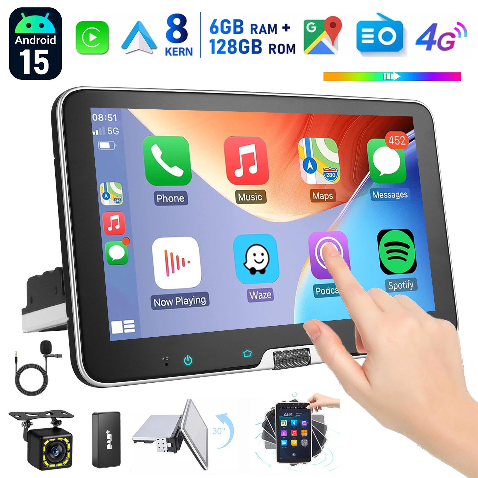 ESSGOO 8Kern Android 15 6+128G Carplay Autoradio 4G 360° Drehbar Bildschirm Autoradio (Digitalradio (DAB), DAB+ (optional), RDS, 6GB+128GB, AM, FM, 4G LTE, Carplay Android Auto Bluetooth EQ USB GPS Navi WIFI Touchscreen)