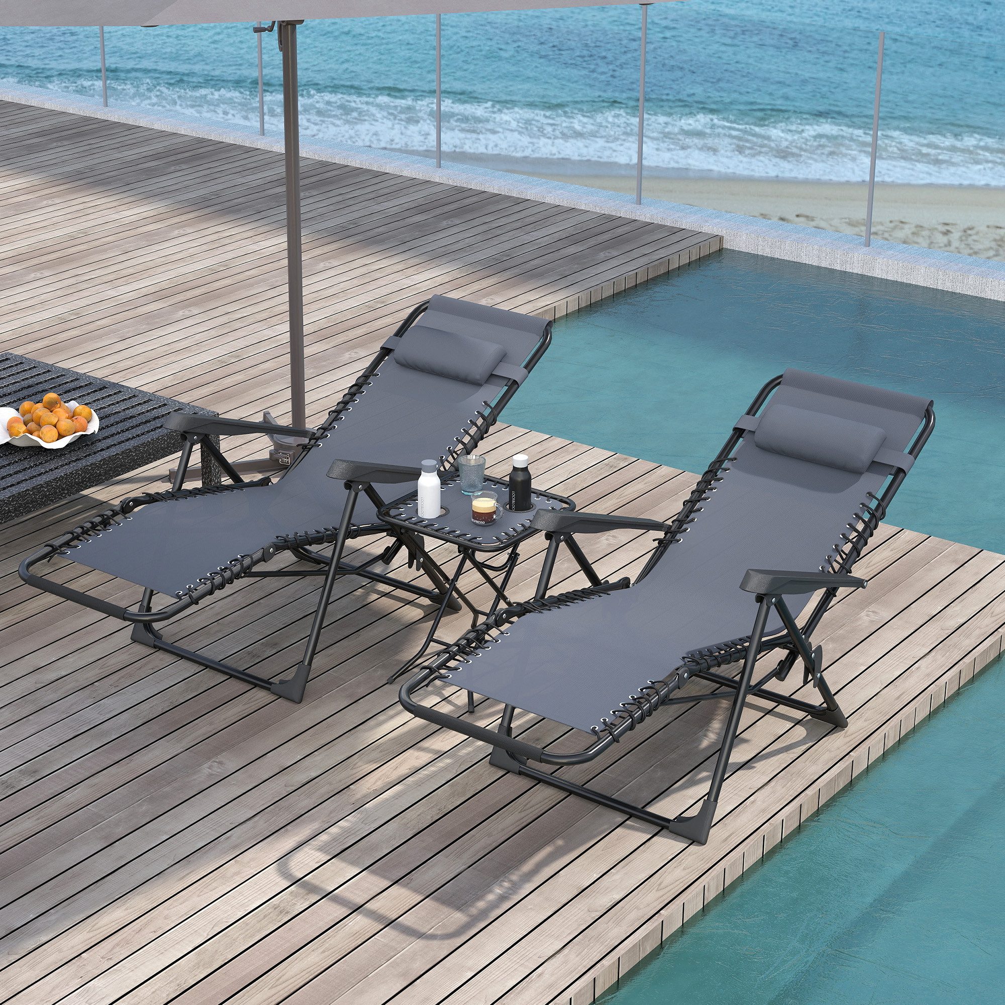 Outsunny Relaxliege mit abnehmbaren Kopfstützen, Beistelltisch, Sonnenliege 3 Teile, für Garten Terrasse Pool Grau