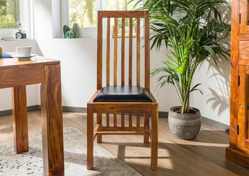 Massivmoebel24 Holzstuhl OXFORD (Extravaganter Stuhl, mit luftiger Rückenlehne, die bis zum Boden reicht, inklusive Polsterung, braun lackiert 43x50x109 Akazie montiert), hochwertiges Edelholz, authentische Holzadern, aufwendige Schnitzereien und Verzierungen